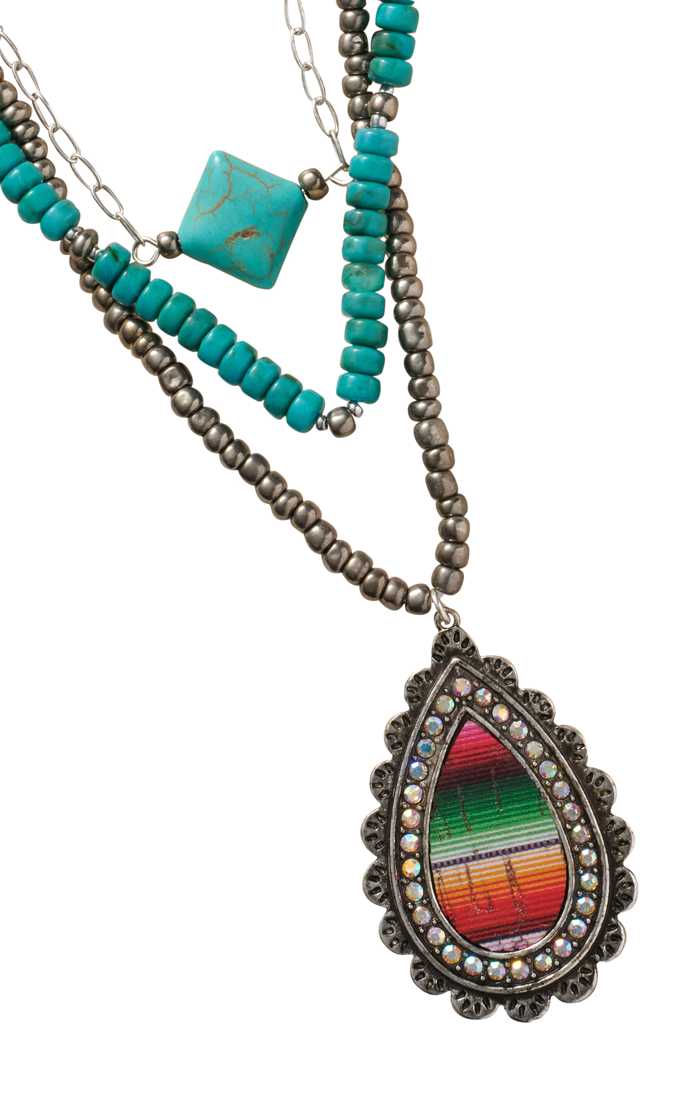 806 by Pink Panache Silver & Turquoise Serape Teardrop 3 Strand Necklace - Image 1