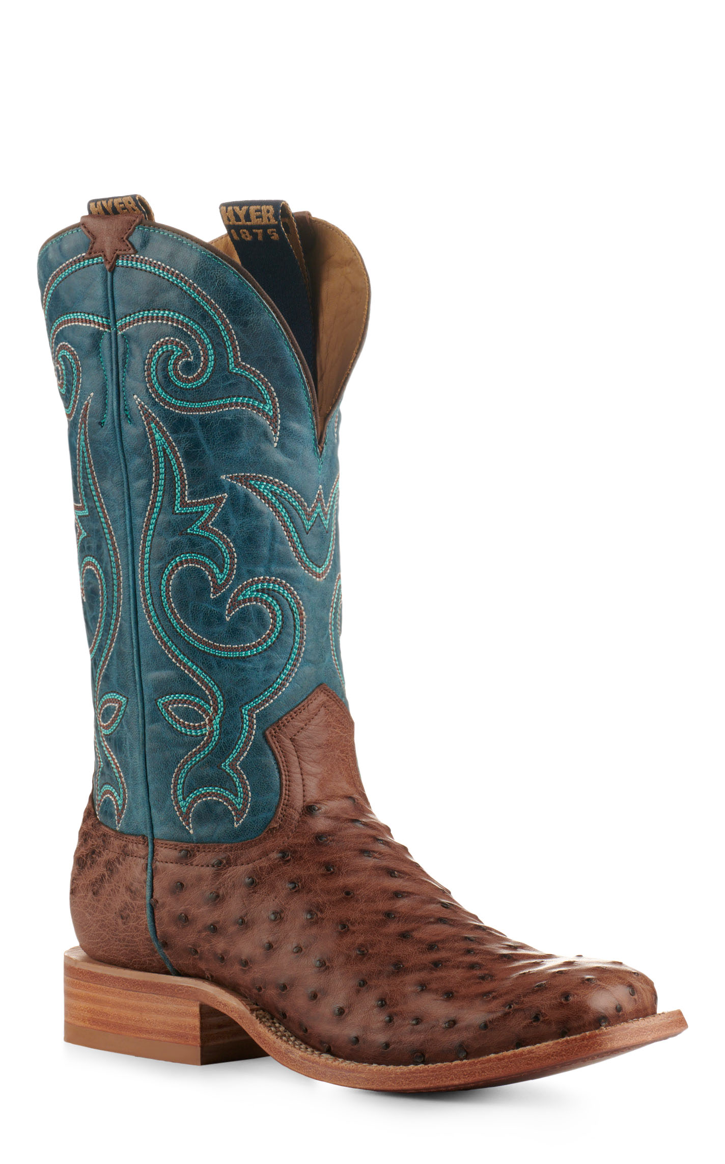 Hyer Men's Blue Vintage and Tobacco Waxy Full Quill Square Toe Exotic Cowboy Boots - Image 1