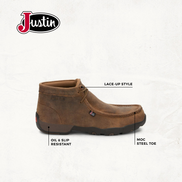 Justin Men's Cappie Distressed Tan Bomber Driving Moc Steel Toe Work Shoe - Image 1