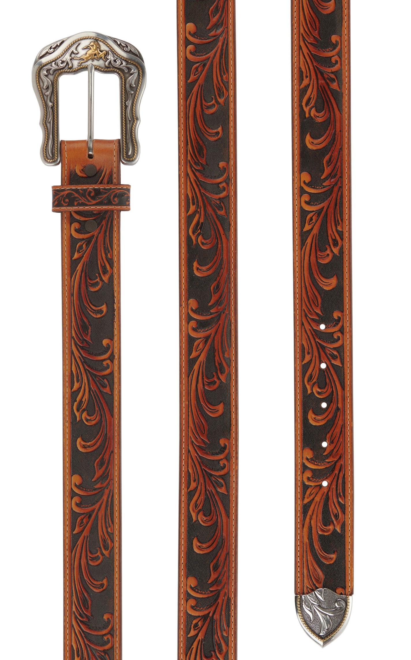 Tony Lama Men's Brown Tooled Floral Pattern Leather with Silver Buckle Western Belt - Image 1