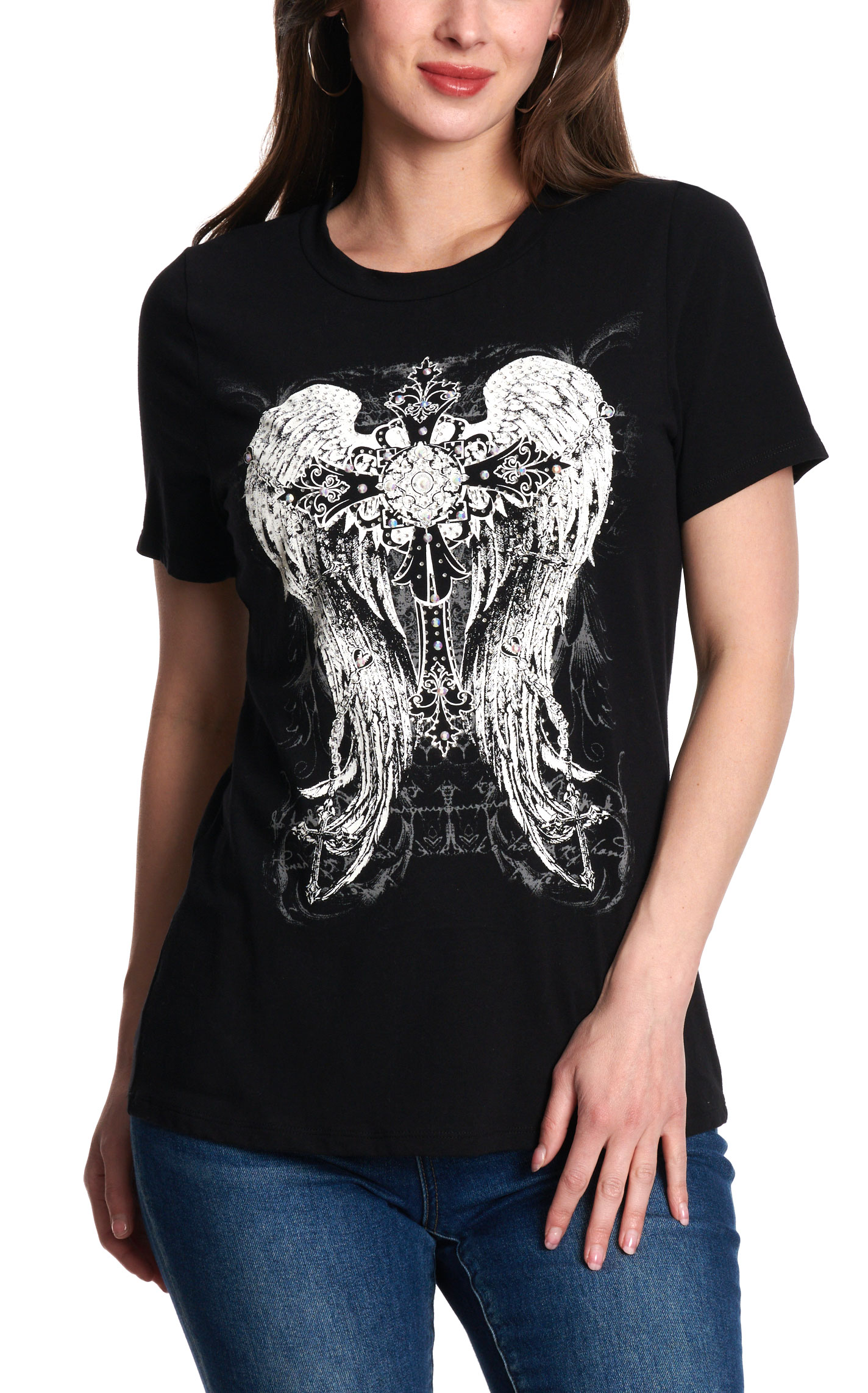 R. Rouge Women's Black Winged Cross Graphic T-Shirt - Image 1