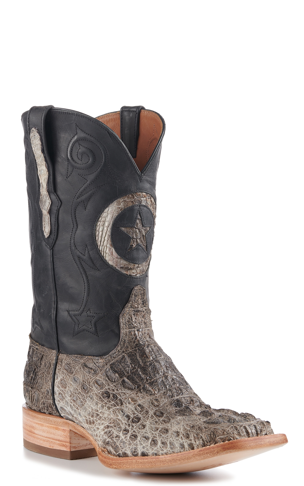 Black Jack Men's Natural Caiman Hornback and Black with Star Inlay Wide Square Toe Exotic Cowboy Boots - Image 1