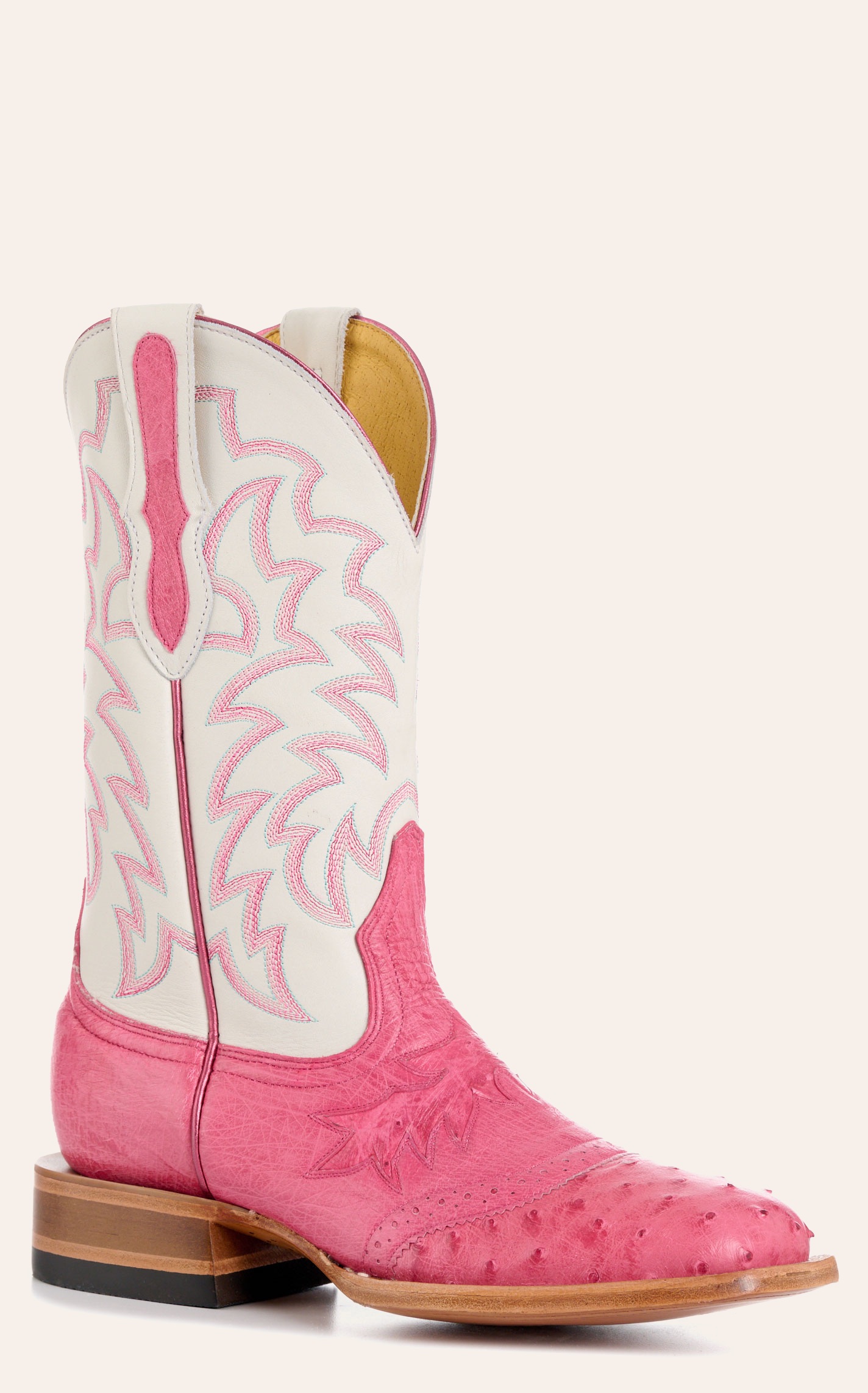 Cavender's Women's Pink Ostrich & White Wide Square Toe Cowboy Boots - Image 1