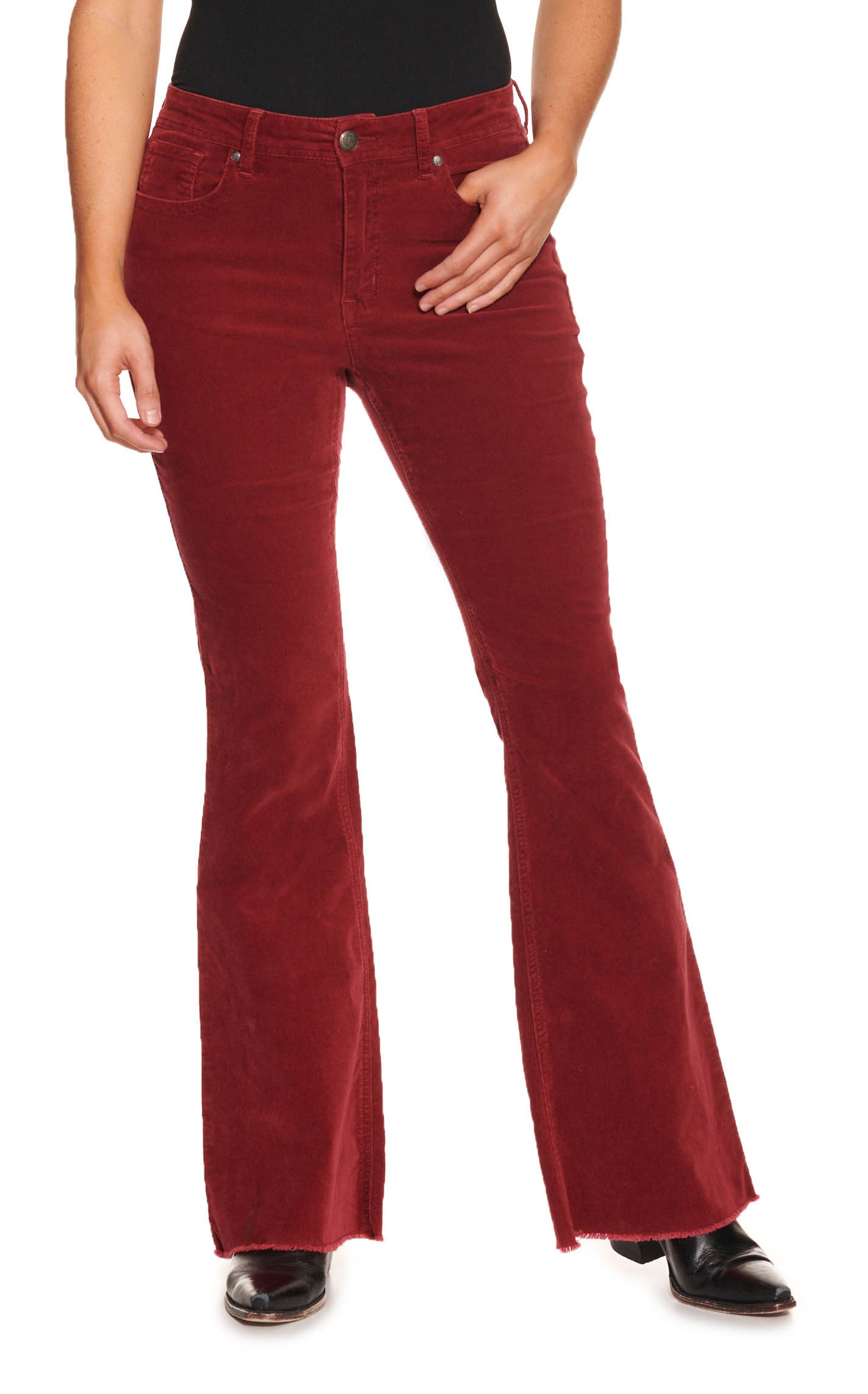 Rockin' C Women's Burgundy Corduroy Frayed Hem Trouser Leg Jean - Image 1