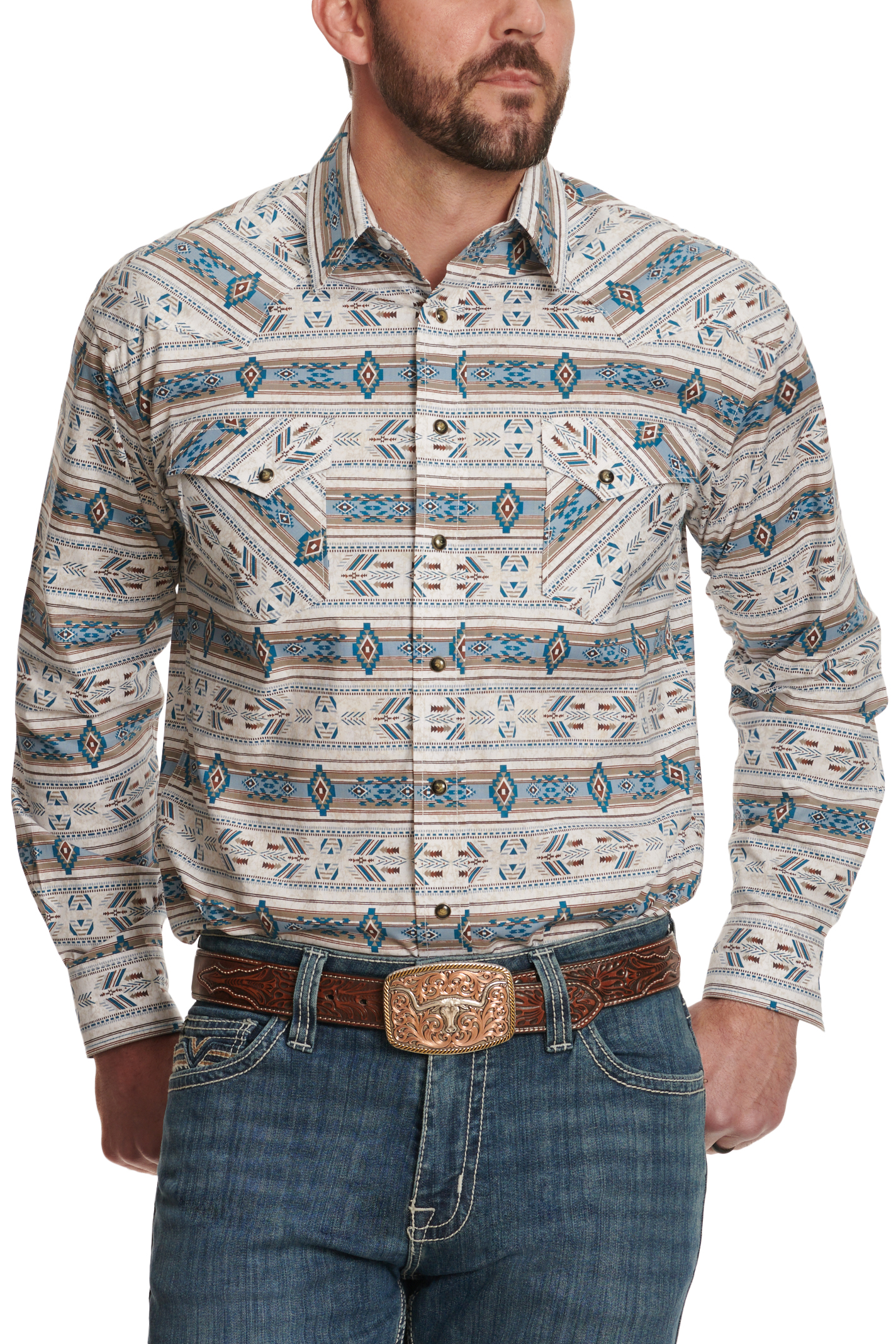 Panhandle Men's Rough Stock Aegean Blue & Taupe Aztec Western Shirt - Image 1
