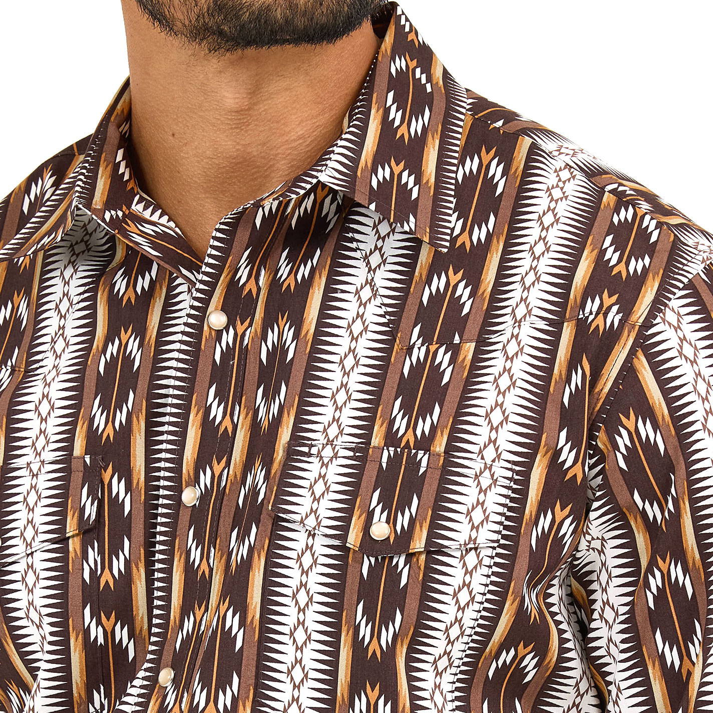 Checotah Men's Brown And White Aztec Stripe Long Sleeve Western Shirt - Image 1
