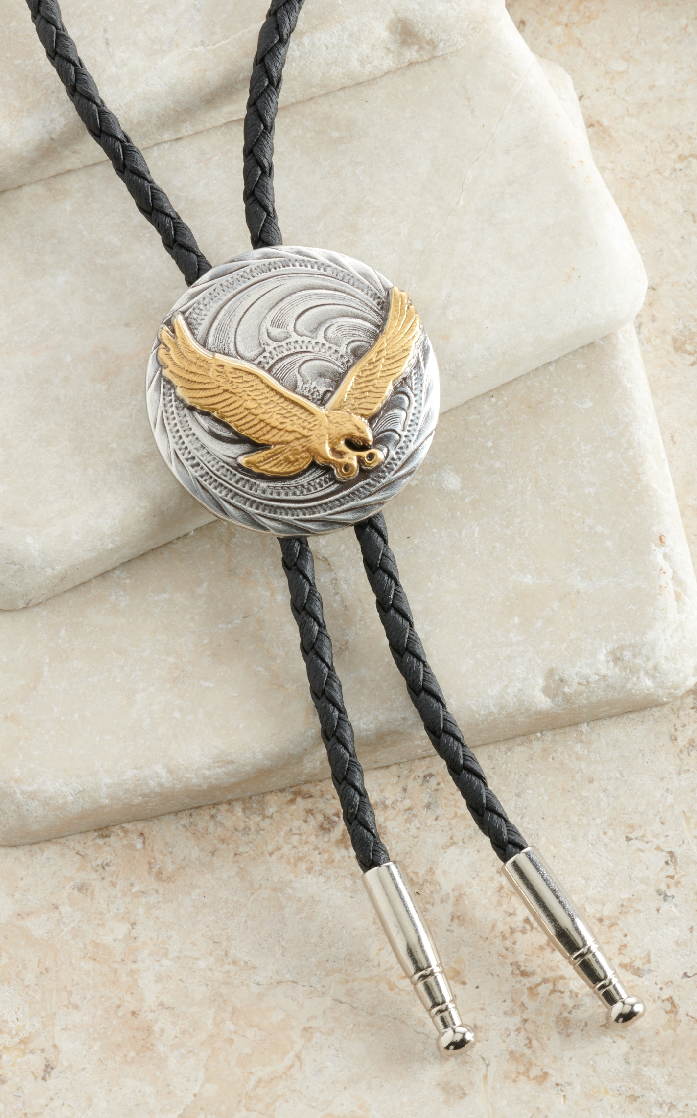 AndWest Antiqued Silver with Gold Soaring Eagle Bolo Tie - Image 1