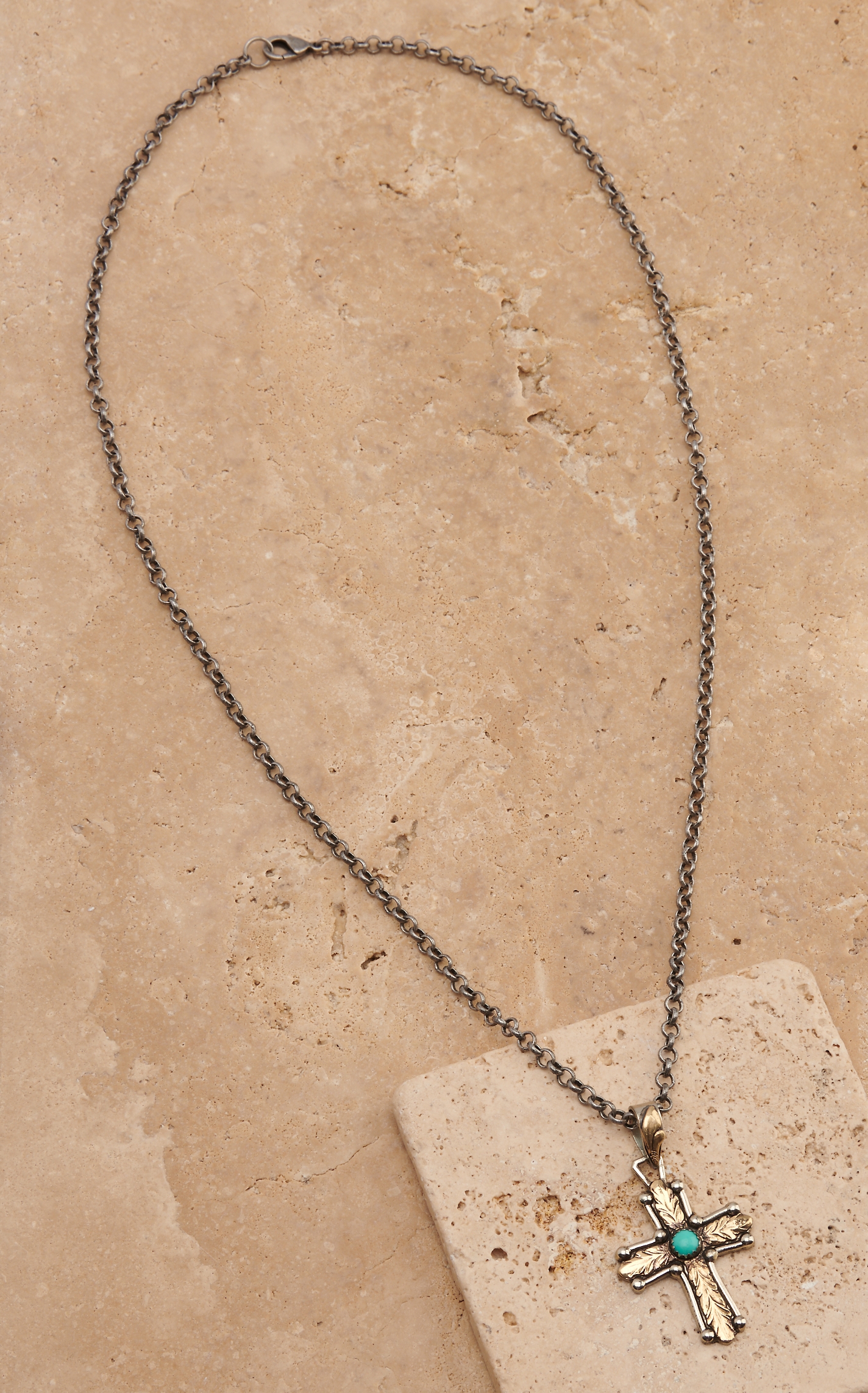 Montana Silversmith Men's Center of Faith Silver and Gold with Turquoise Cross Pendant Necklace - Image 1
