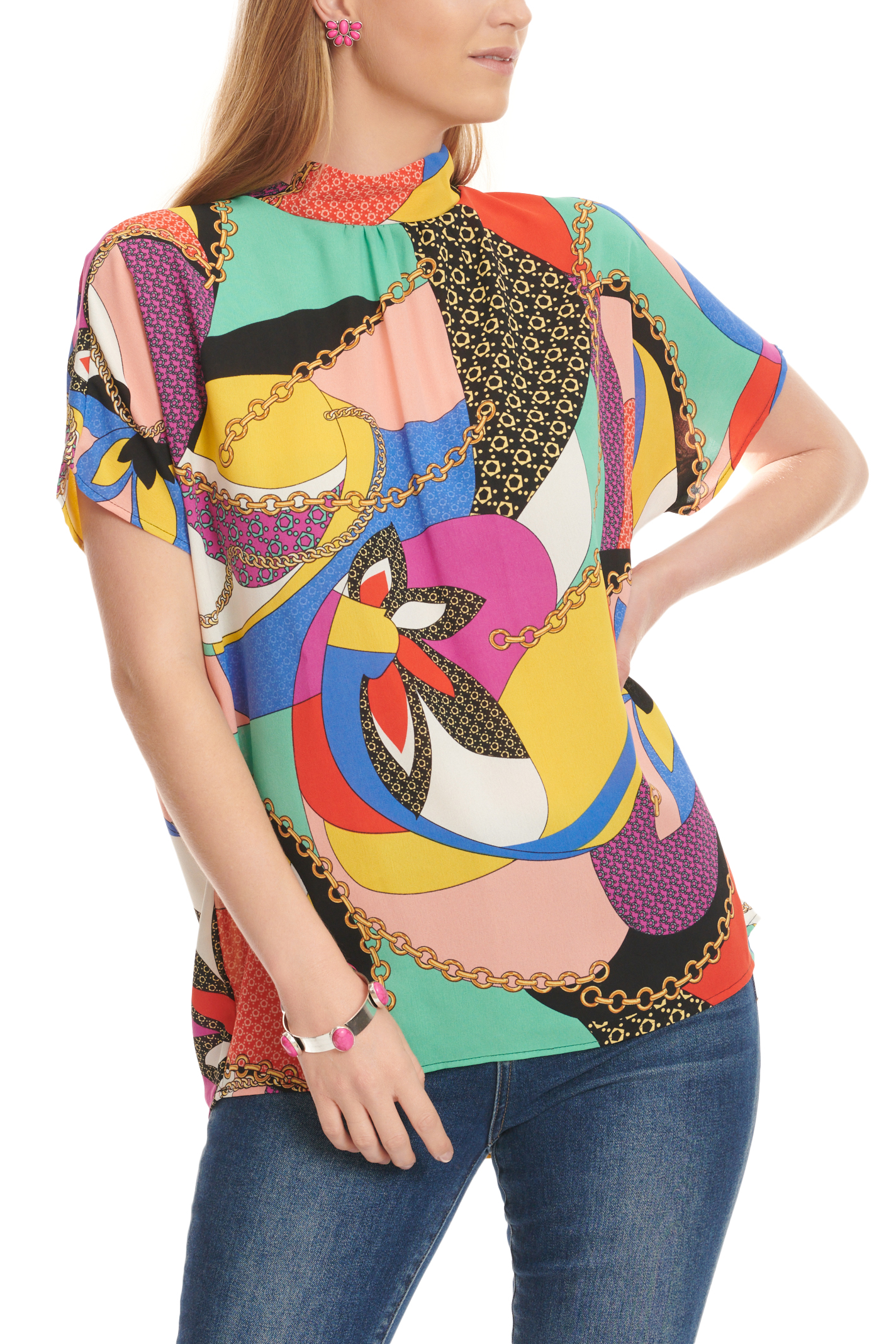 HYFVE Women's Multi-Color Multi-Pattern & Gold Chain Print Short Sleeve Top - Image 1
