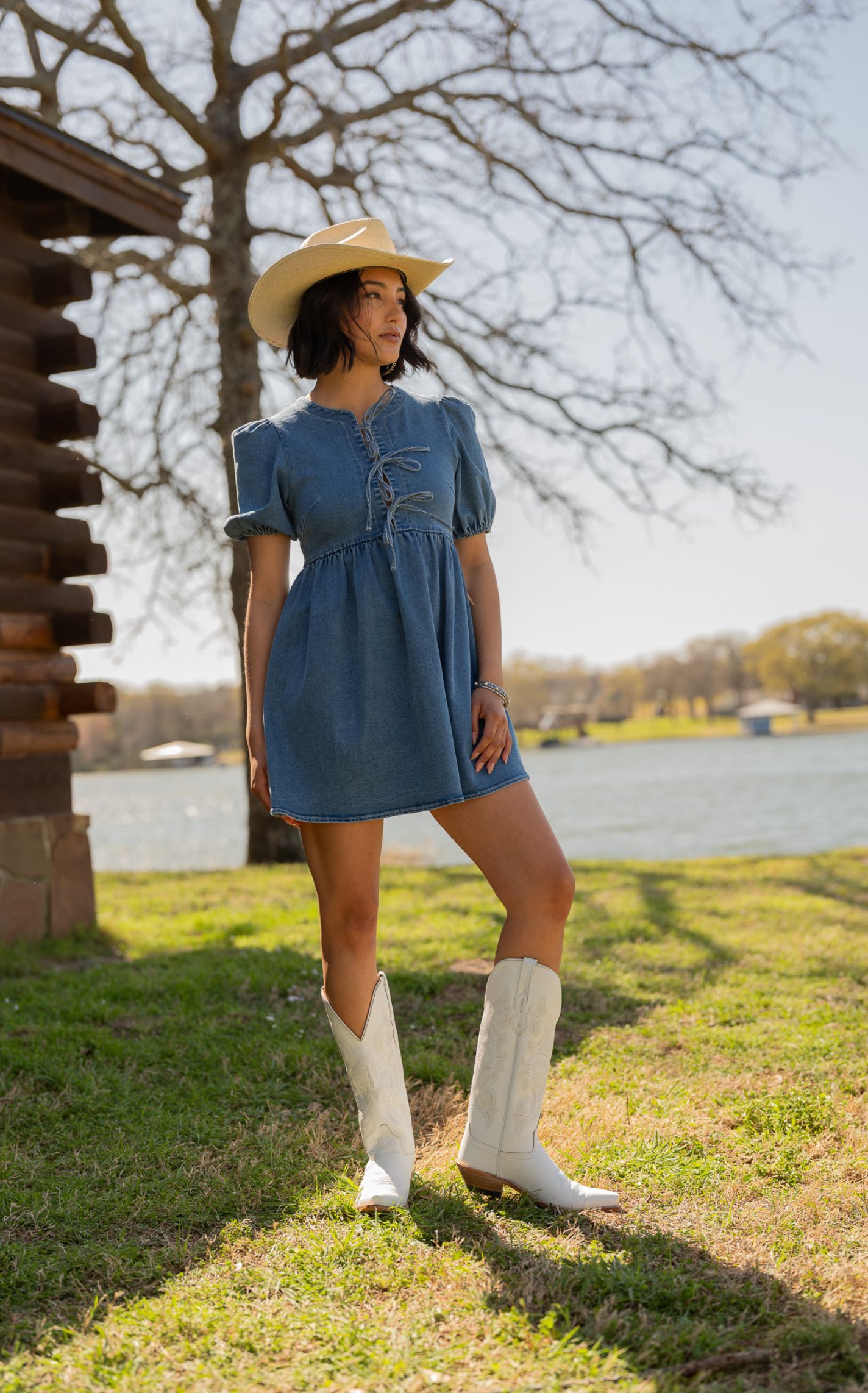 Endless Blu Women's Medium Wash Denim Puff Sleeve Tie Front Dress - Image 1