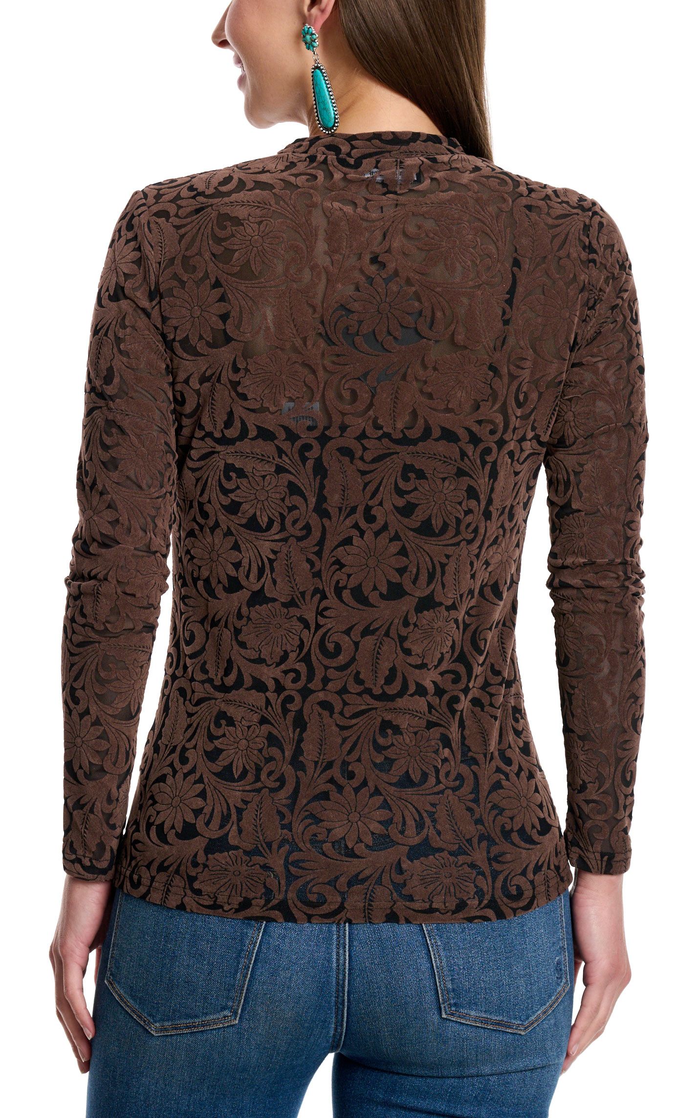 Marigold Kiss Women's Mahogany Floral Mesh Top - Image 3