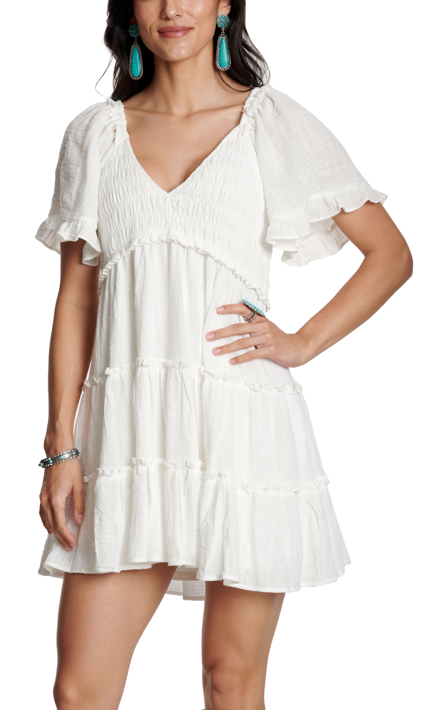 Yura Women’s White Solid Tiered Smocked Dress - Image 1
