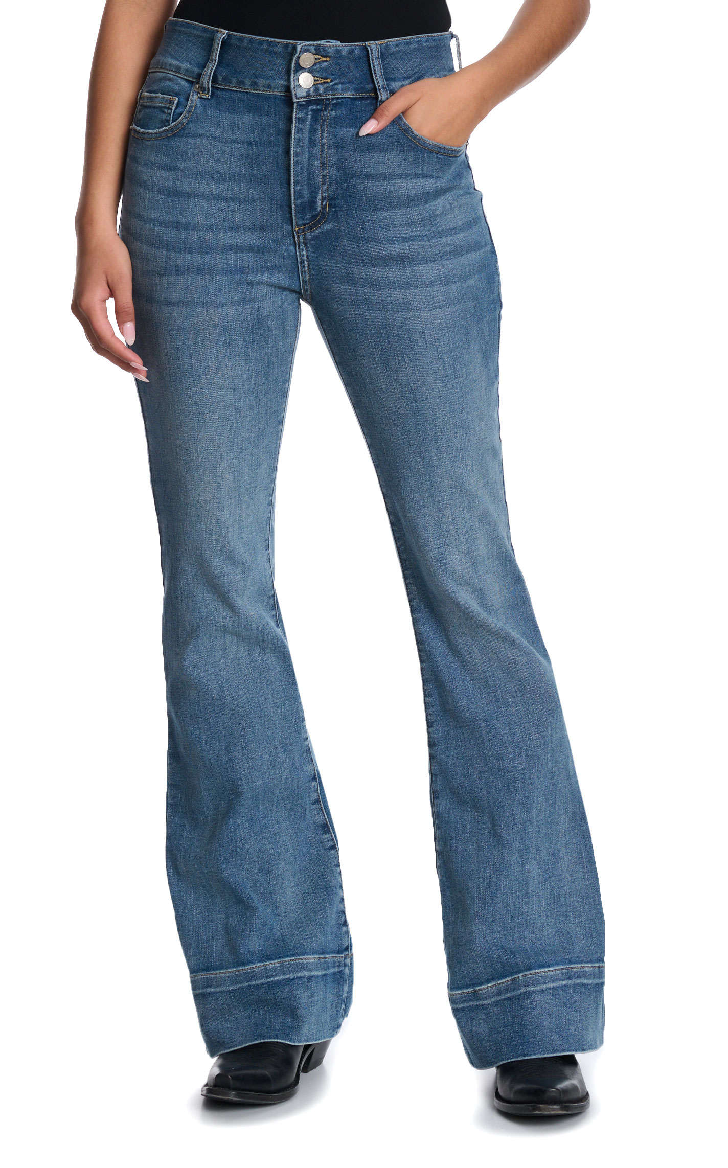 Sneak Peek Women's Medium Wash Distressed Trouser Leg Jeans - Image 1