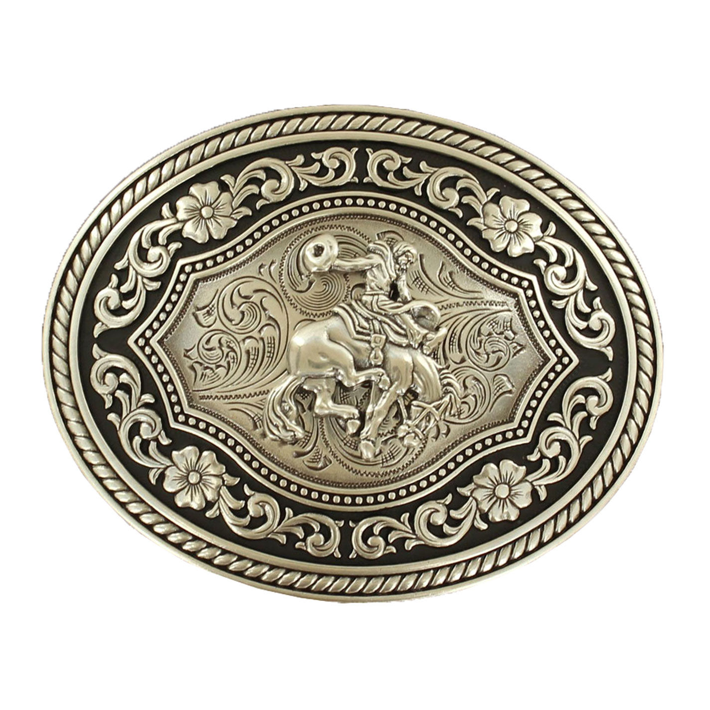 Nocona Silver Bronco Rider with Oval Rope Edge Buckle - Image 1