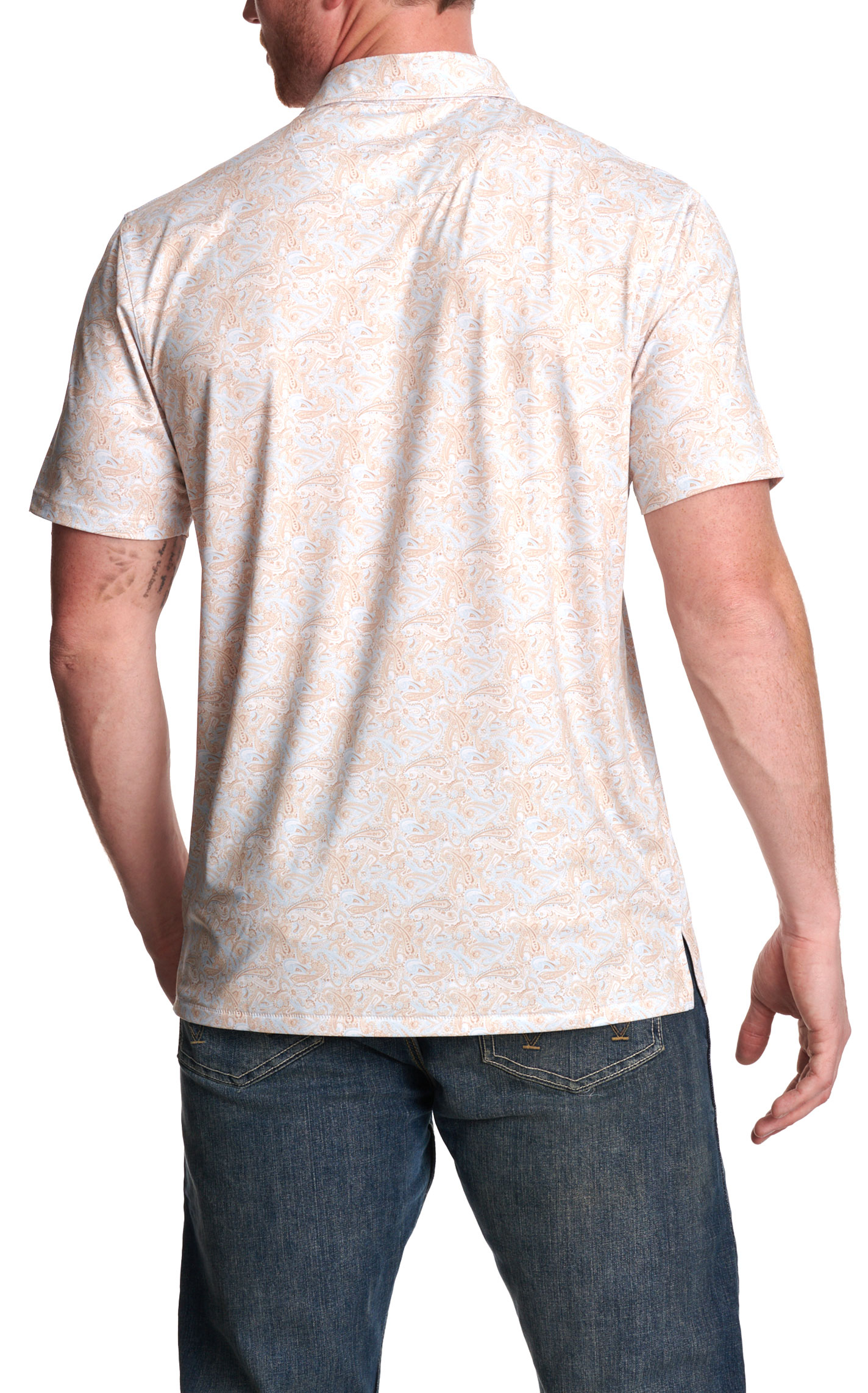 Rafter C Men’s Light Khaki Paisley Print Short Sleeve Polo Shirt - Image 1