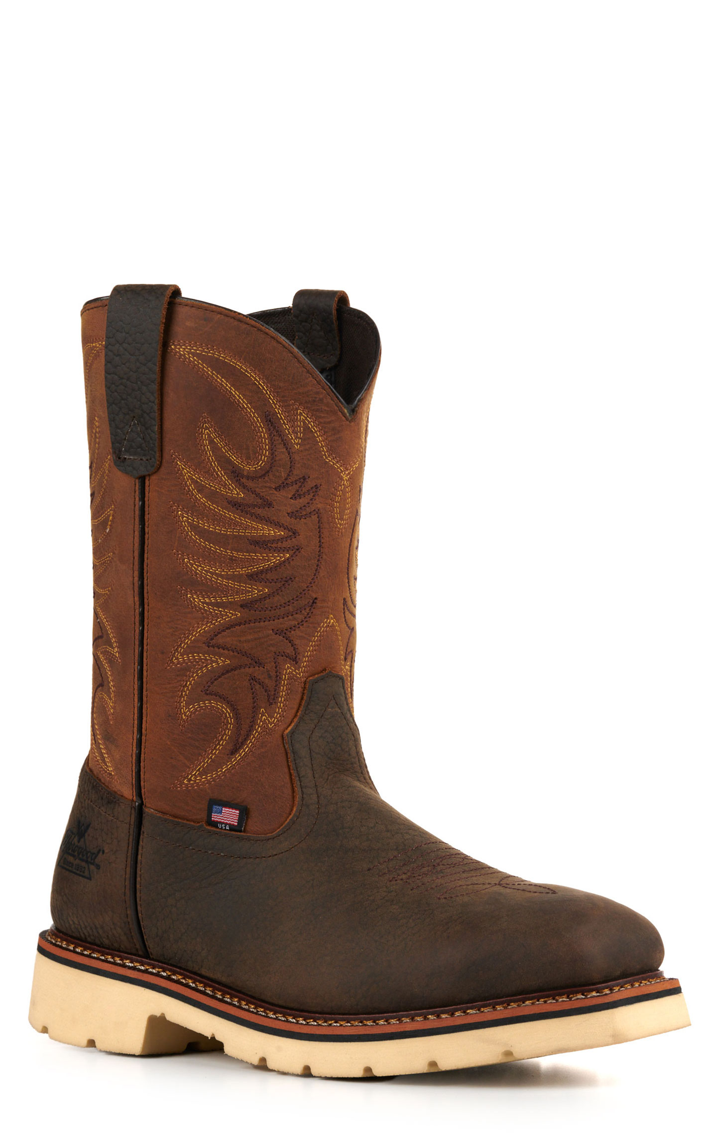 Thorogood Men's American Heritage Dark Brown and Brown Wide Square Toe Work Boots - Image 1