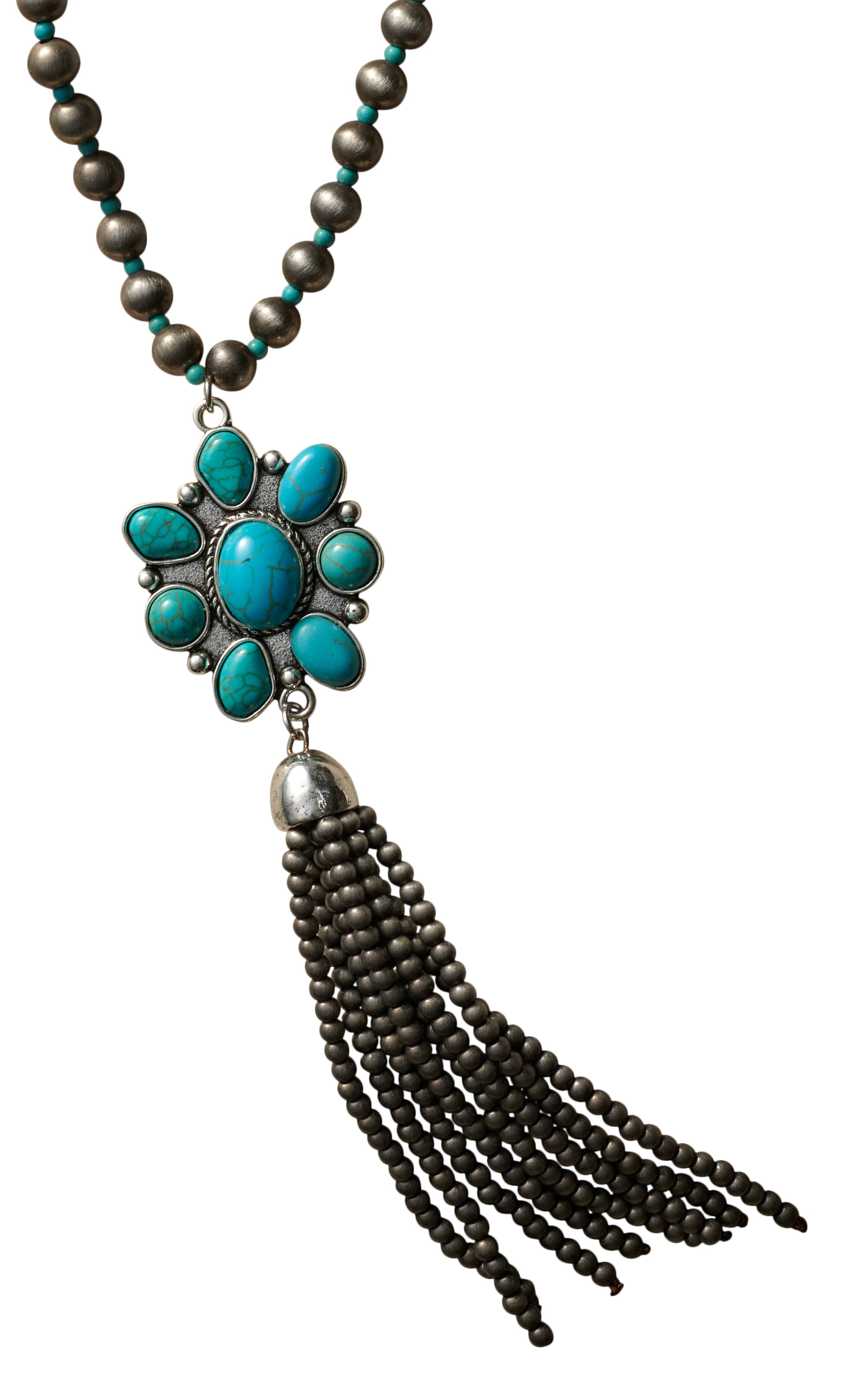 Southern Grace Silver & Turquoise Stone Concho Tasseled Necklace - Image 1
