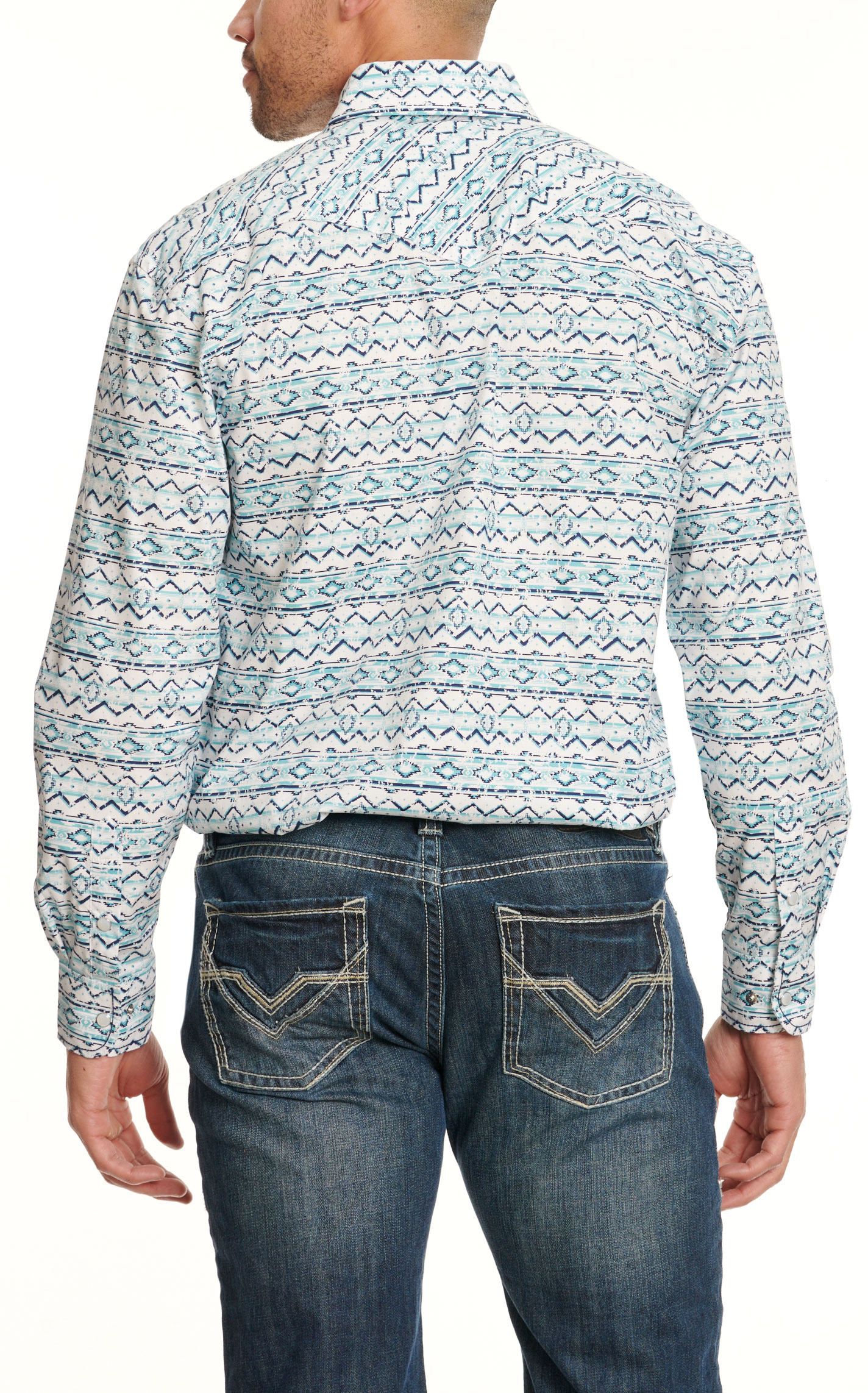 Panhandle Men's Rough Stock Light Turquoise Aztec Western Shirt - Image 1