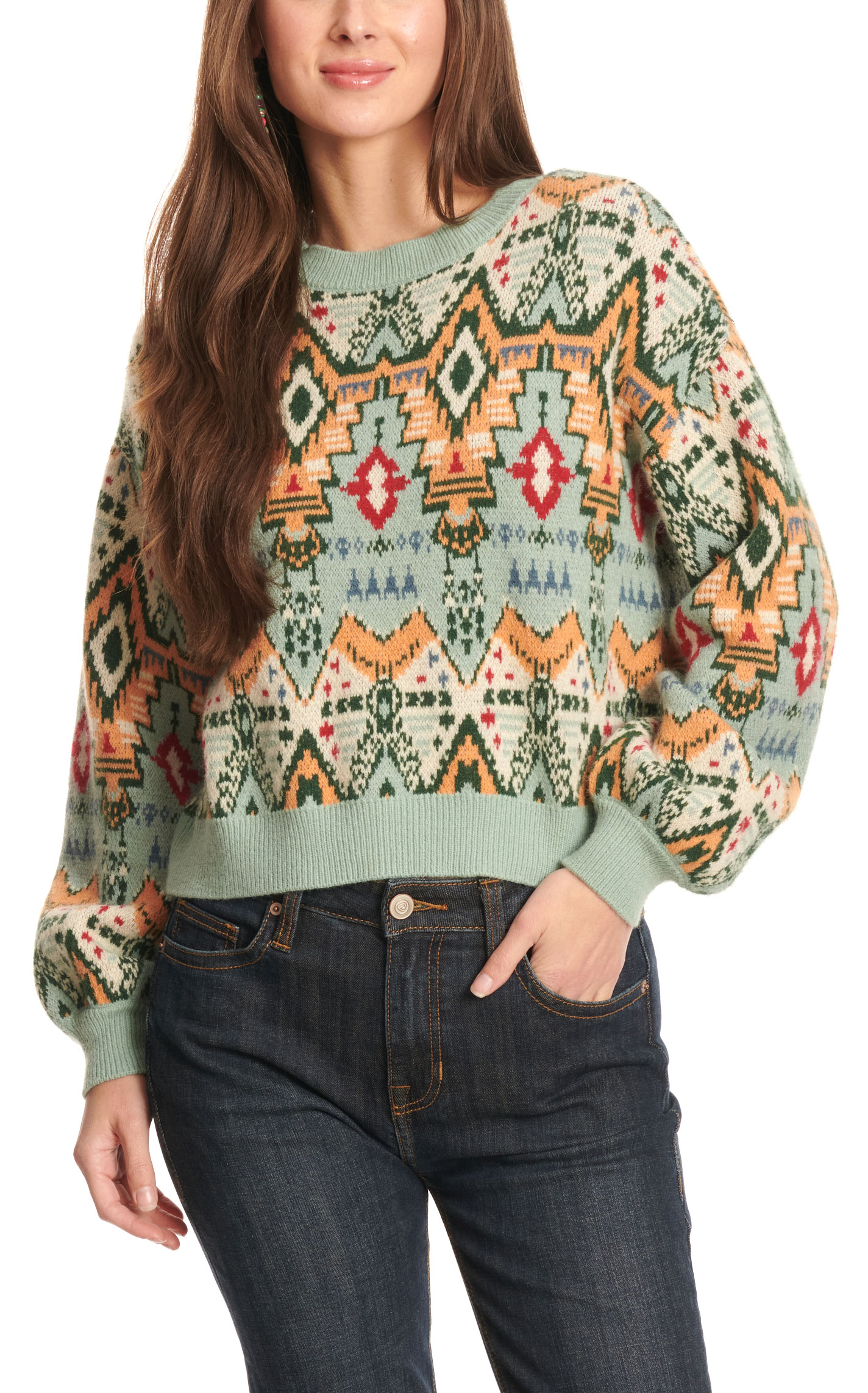 Rock & Roll Denim Women's Sea Green & Colorful Aztec Sleeve Sweater - Image 1