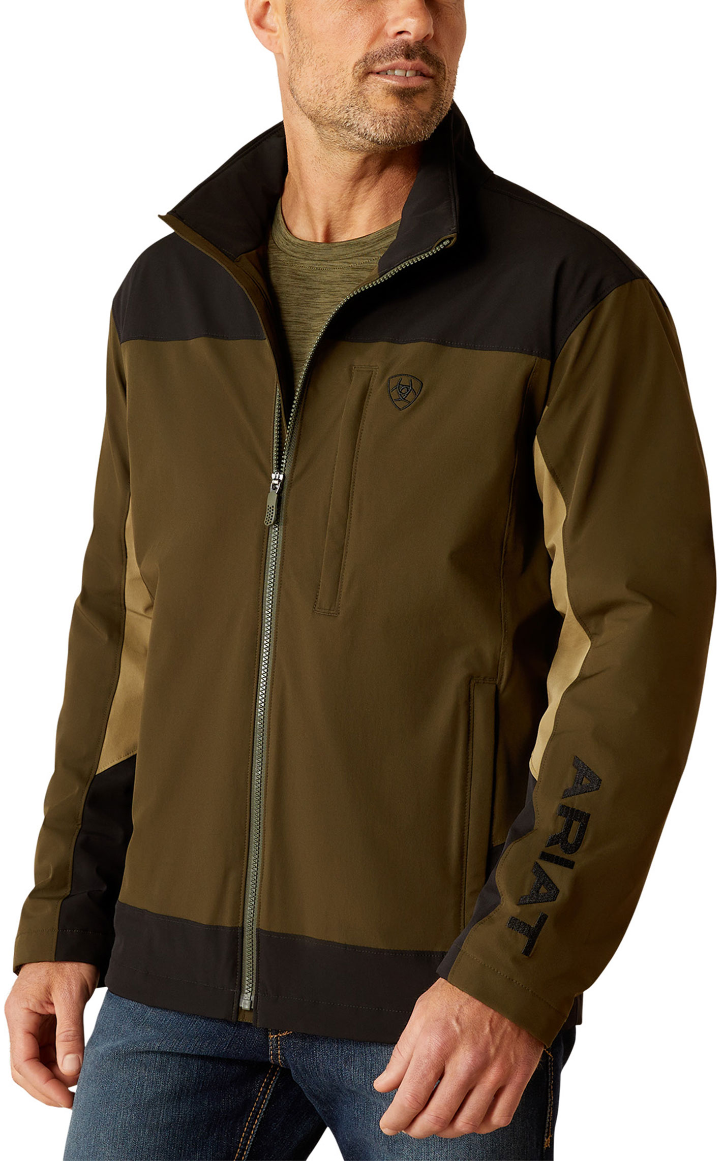 Ariat Men's Pioneer Black & Army Green Stretch Softshell Jacket - Image 1