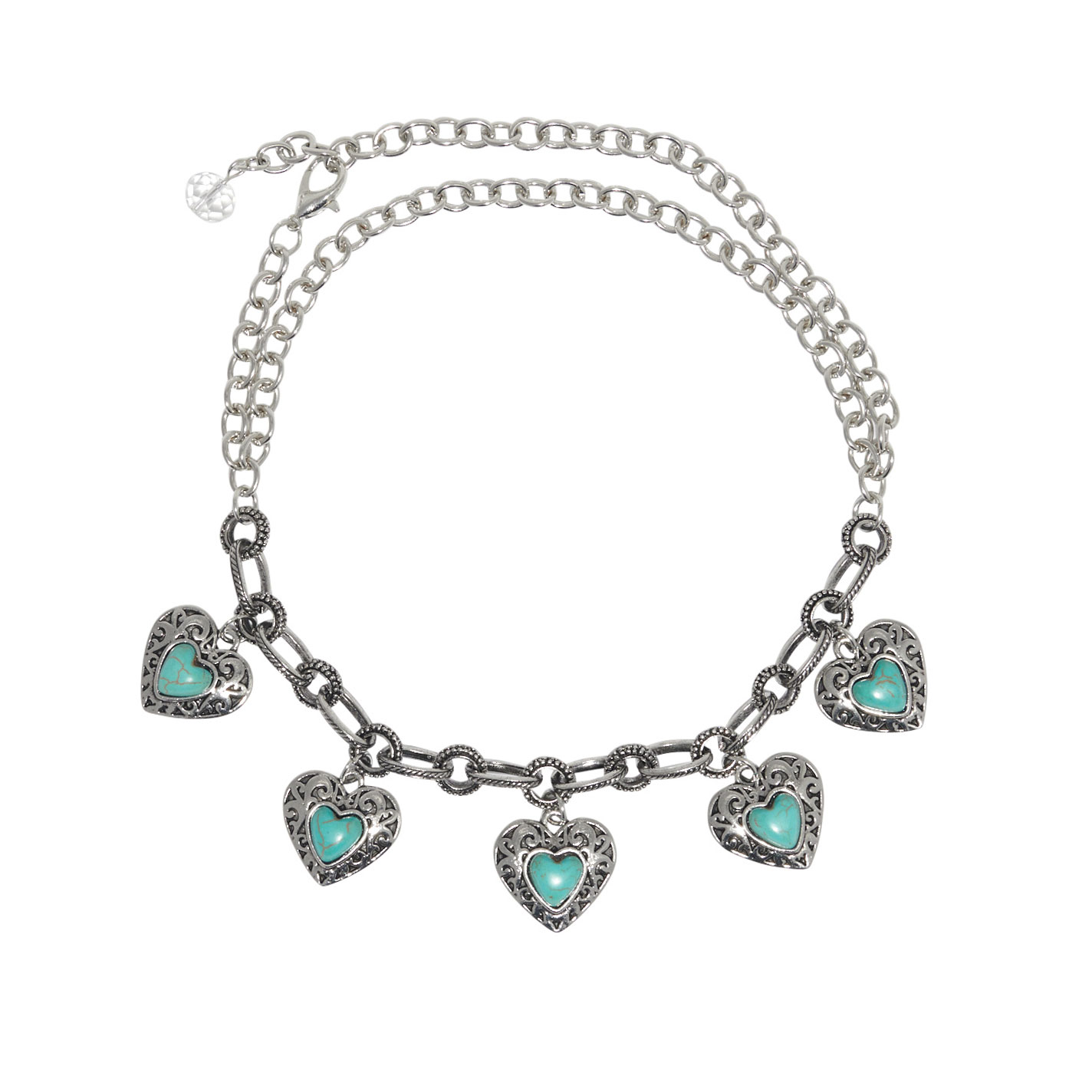 Rockin' C Silver & Turquoise Etched Hearts Boot Chain - Image 1