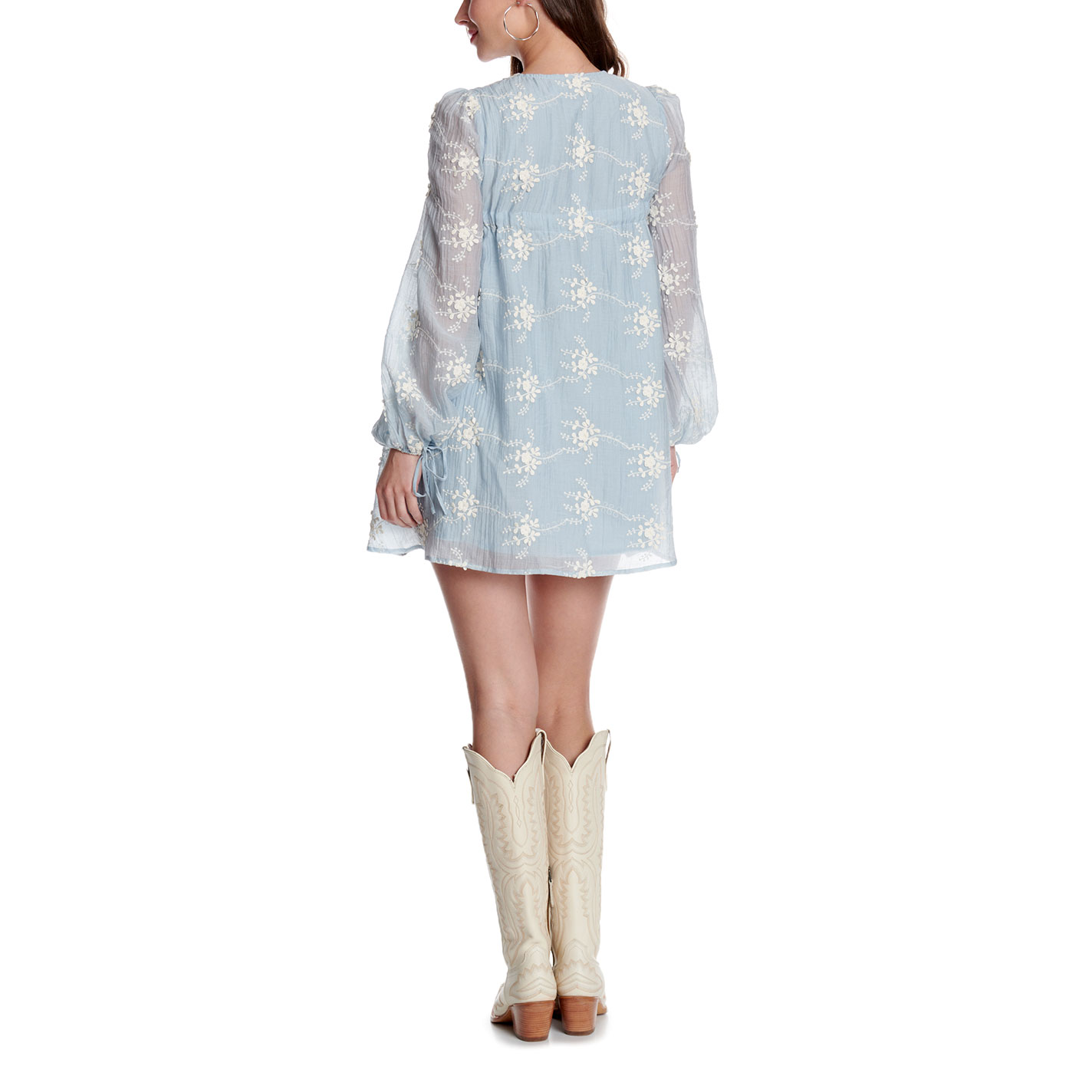 Endless Blu Women's Light Blue Floral Embroidered Sheer Sleeve Dress - Image 1