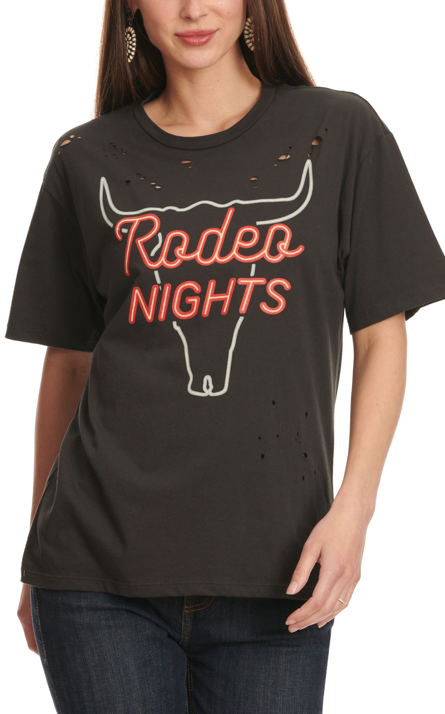 Refined Canvas Women's Black Rodeo Nights Graphic Distressed T-Shirt - Image 1