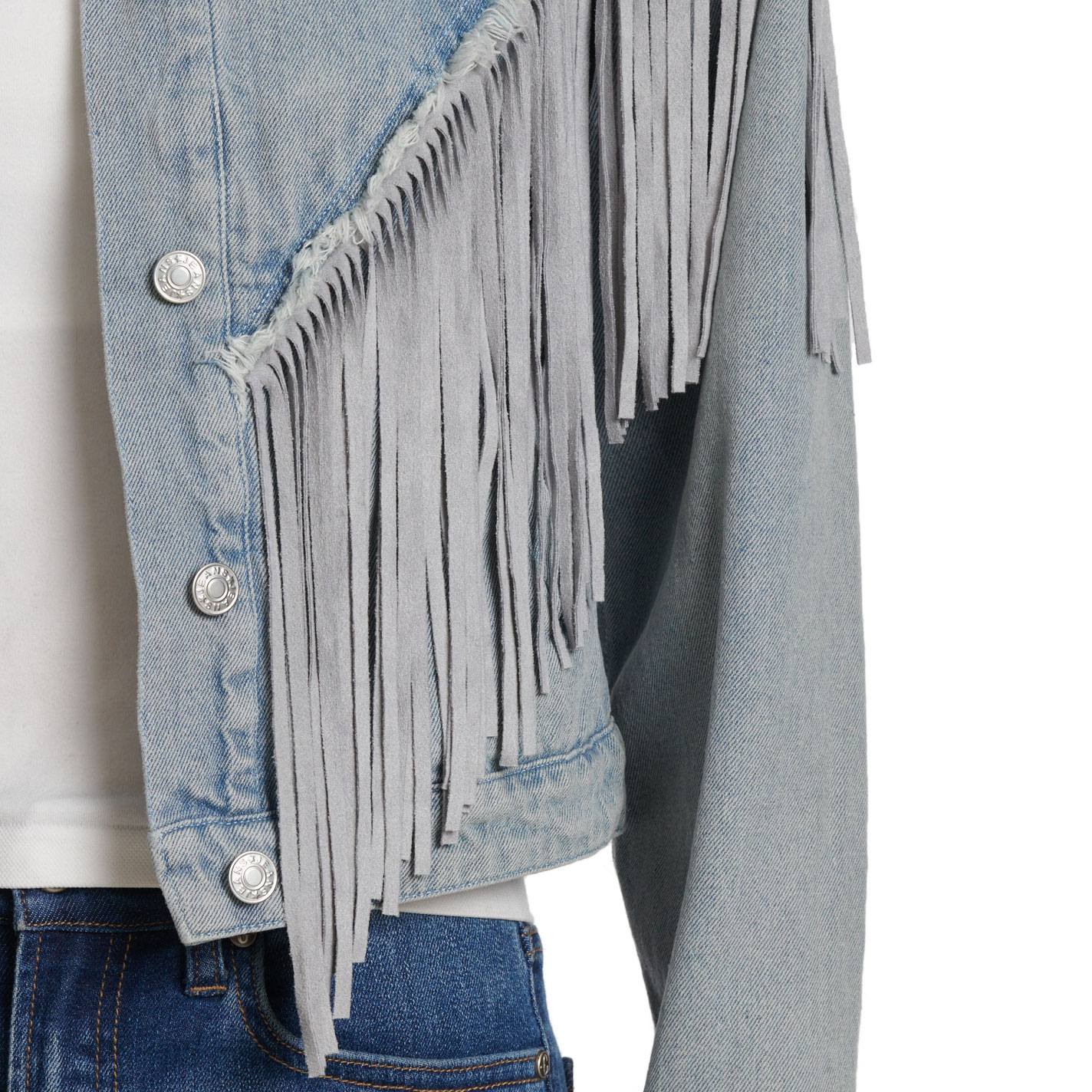 Blue B Women's Light Wash Frayed & Fringed Cropped Jacket - Image 1