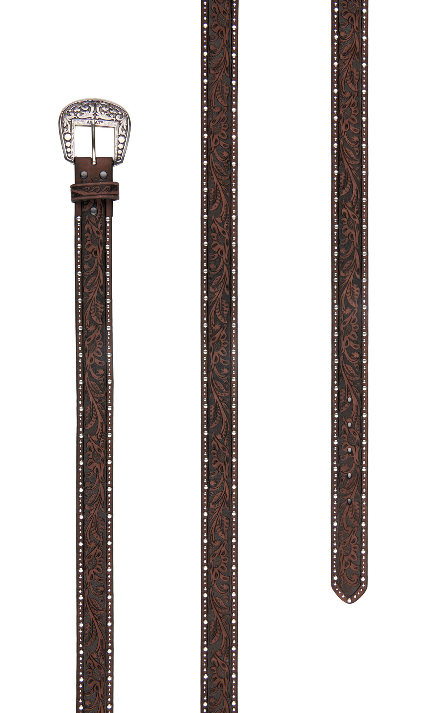 Ariat Women's Dark Brown with Floral Tooling and Studs Trim Belt - Image 1