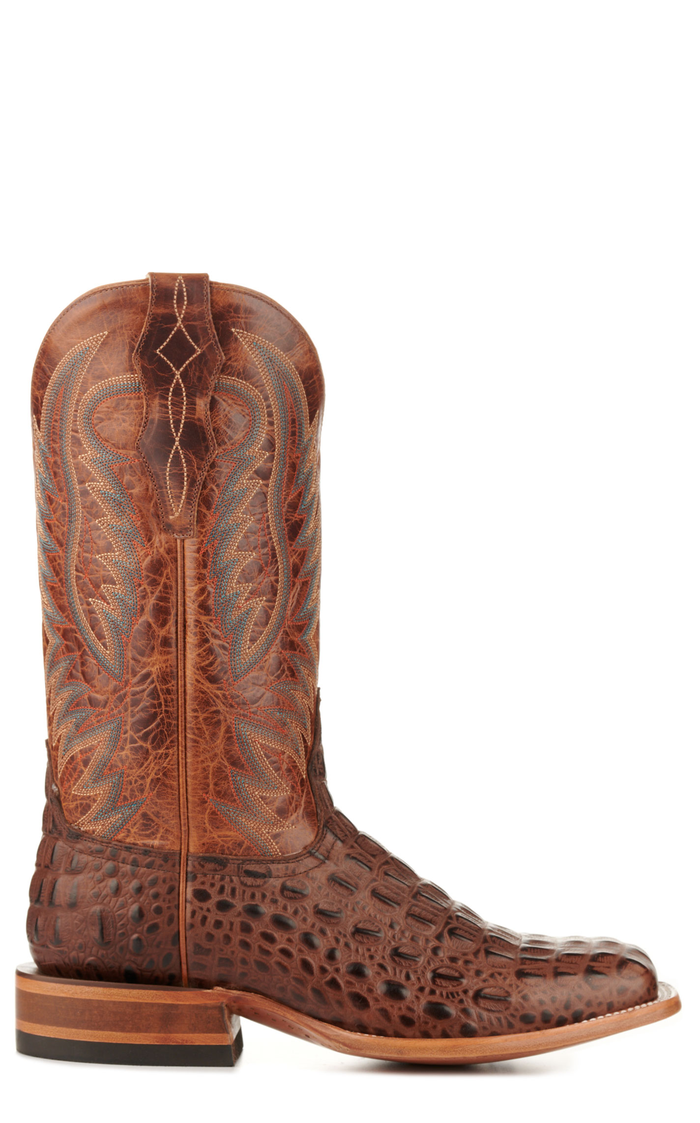 Cavender's Men's Brass and Chocolate Caiman Print Wide Square Toe Cowboy Boots - Image 1