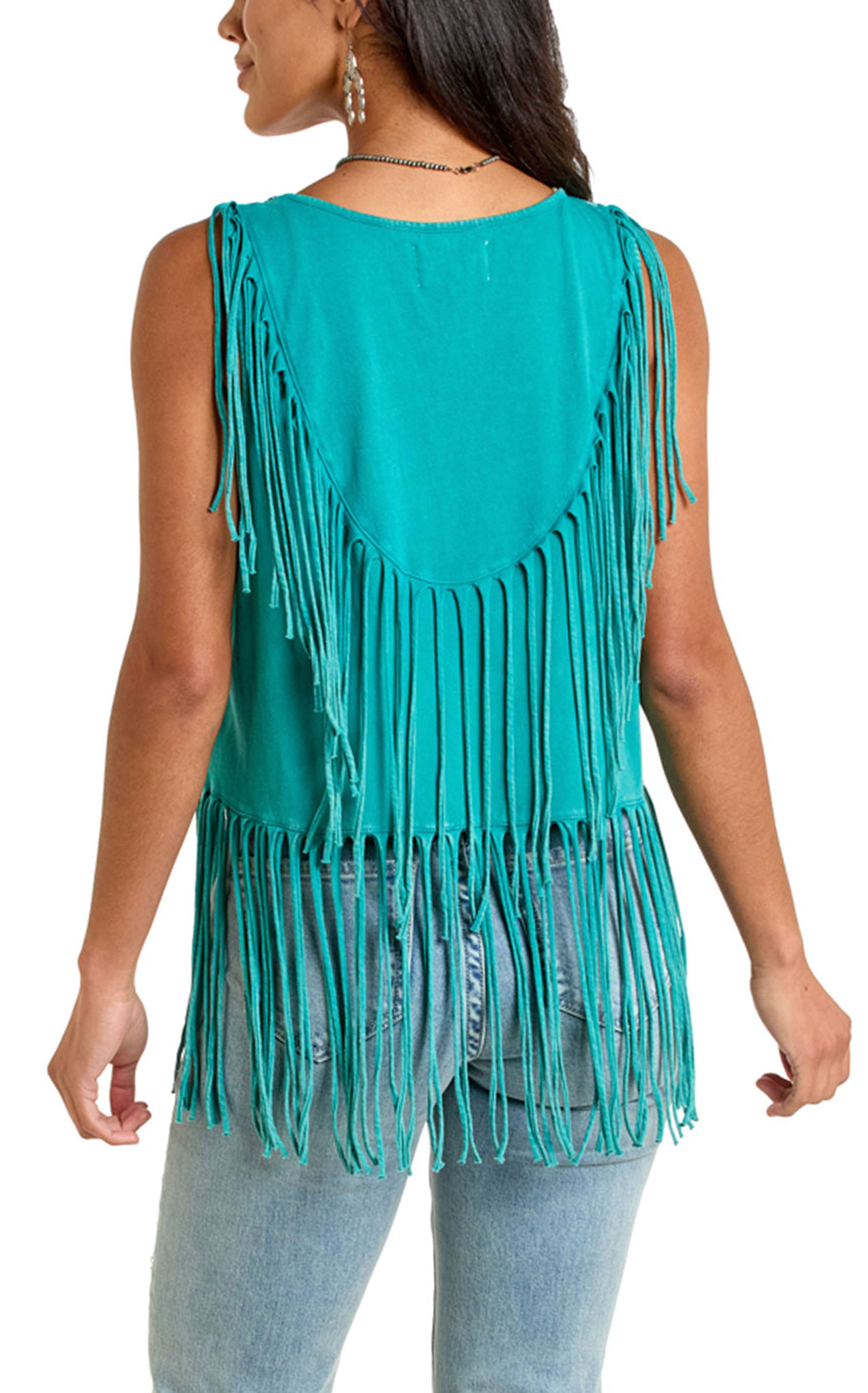 Panhandle Slim Women’s Turquoise Fringe Faux Suede Vest - Image 2