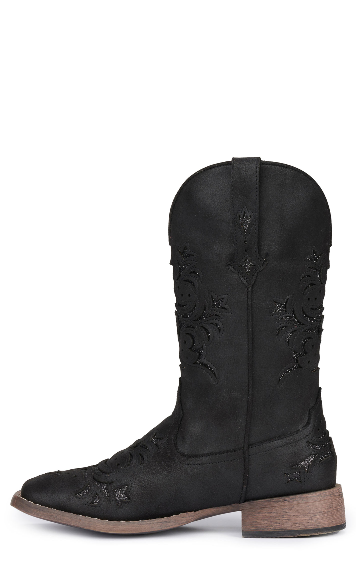 Roper Women's Kennedy Black with Glitter Inlay Wide Square Toe Cowboy Boots - Image 1