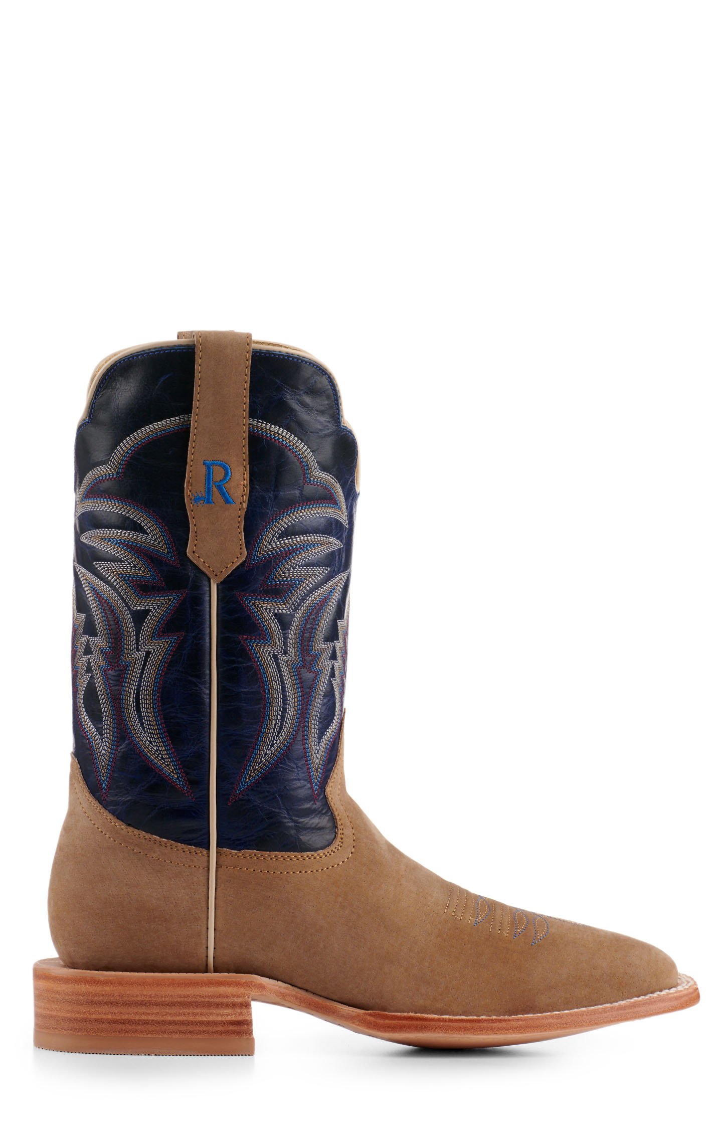 R. Watson Men's Cafe Brown Boar Hide and Azule Blue Wide Square Toe Cowboy Boots - Image 1