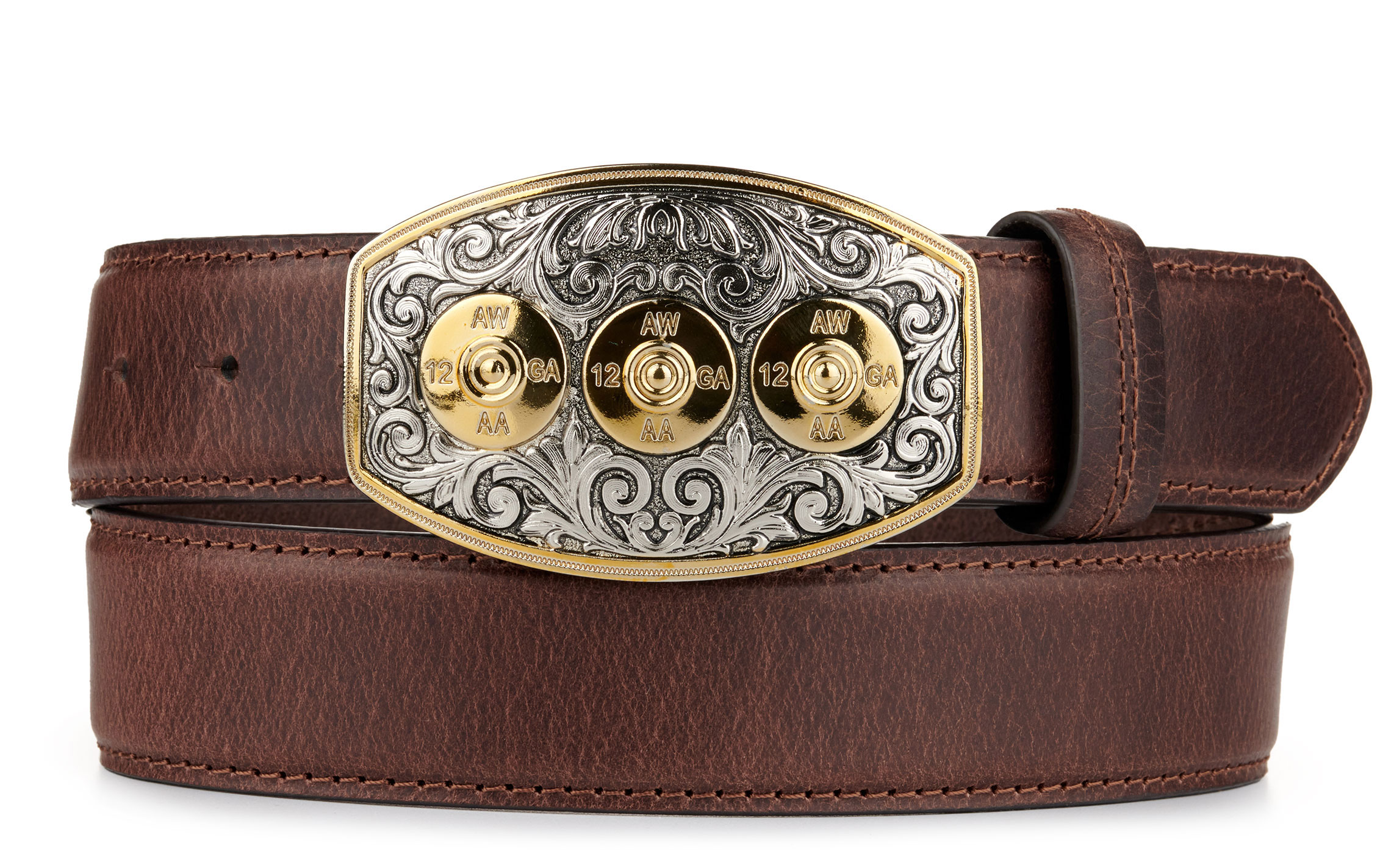 AndWest Men's Brown Leather with Shotgun Shell Buckle Western Belt - Image 1