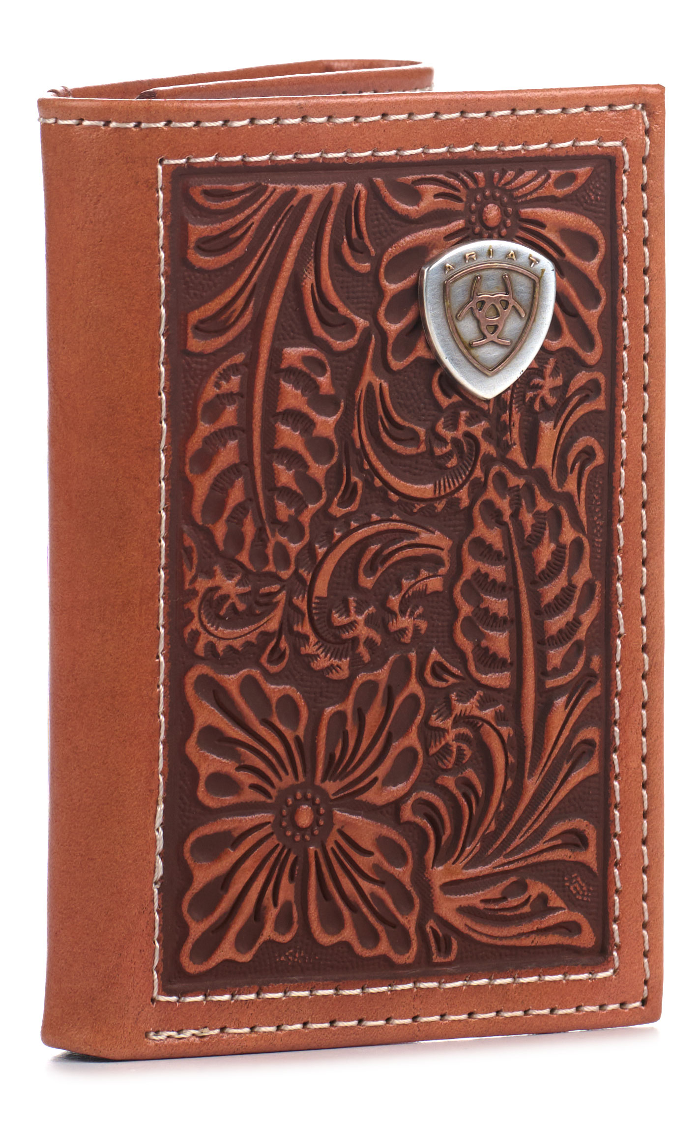 Ariat Men's Cinnamon Floral Tooled Tri-fold Wallet - Image 1