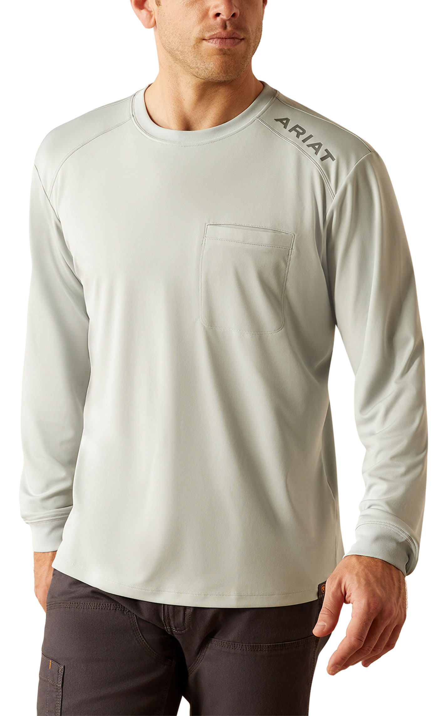 Ariat Rebar Men's Sunblocker Pearly Gray Logo Graphic Work T-Shirt - Image 1