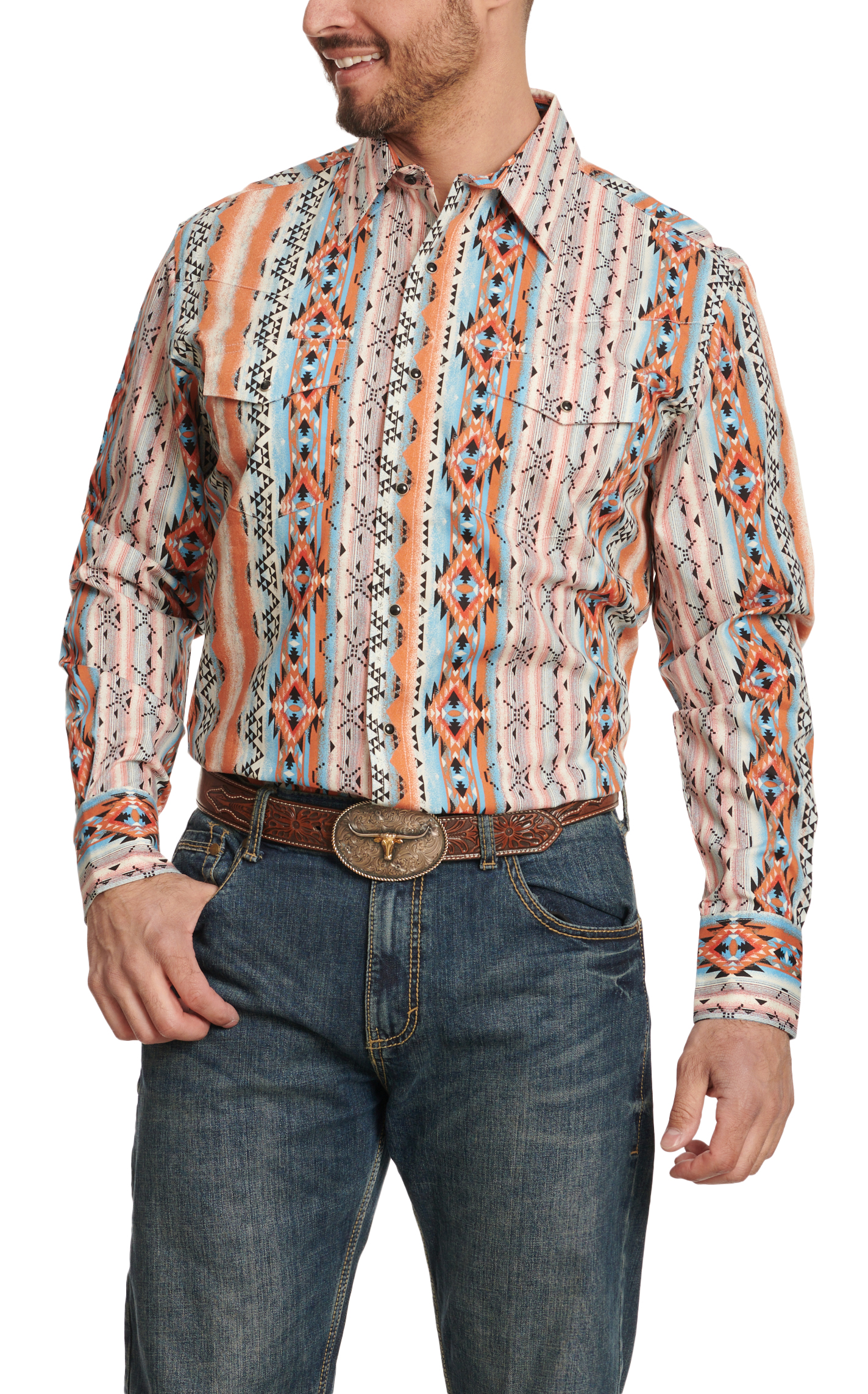 Wrangler Checotah Men's Tangerine & Black Print Western Shirt - Image 1