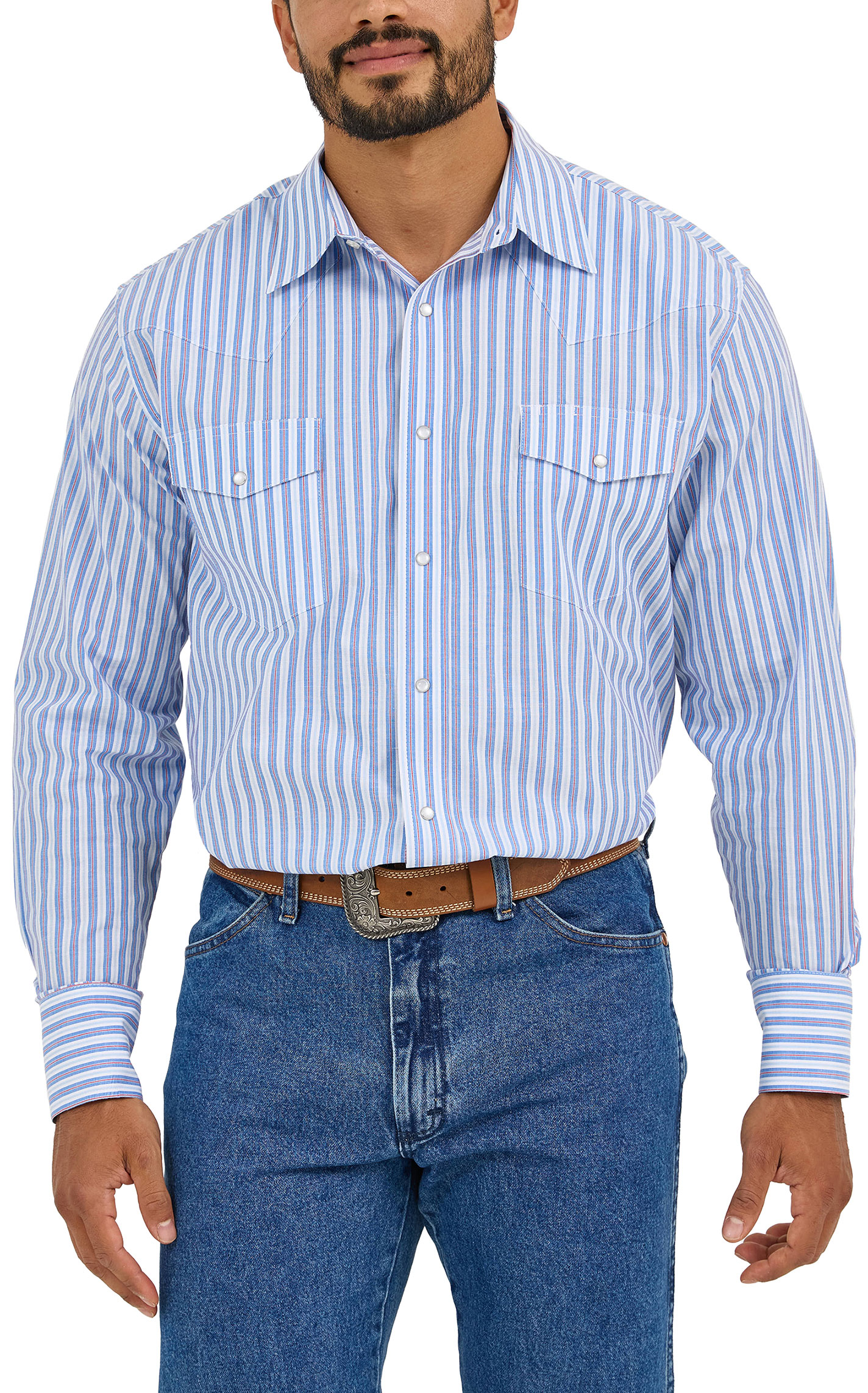 Wrangler Men's Light Blue Striped Long Sleeve Western Shirt - Image 1