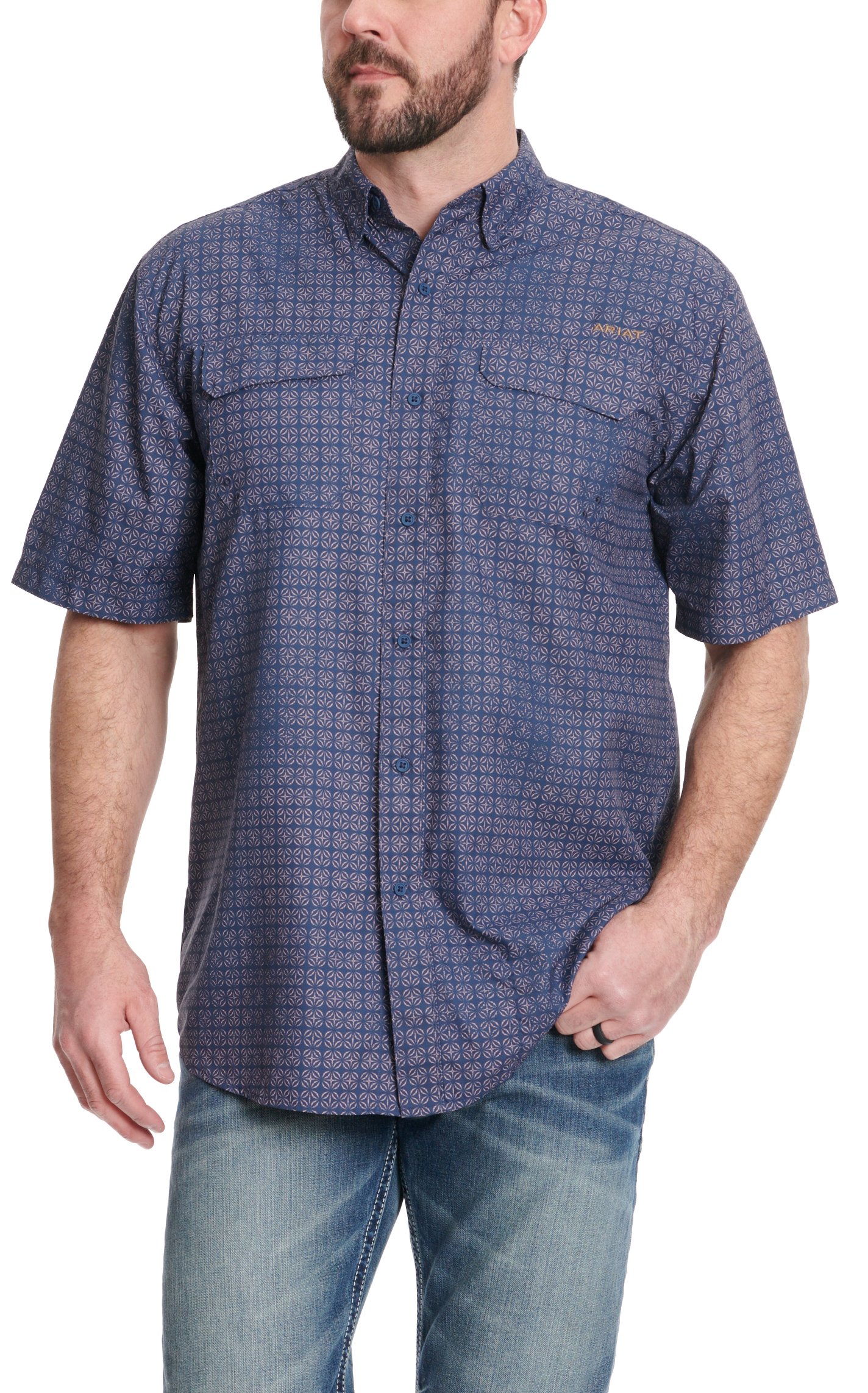 Ariat Men's VentTEK Outbound Midnight Navy & Dusty Pink Geo Print Short Sleeve Shirt - Image 1