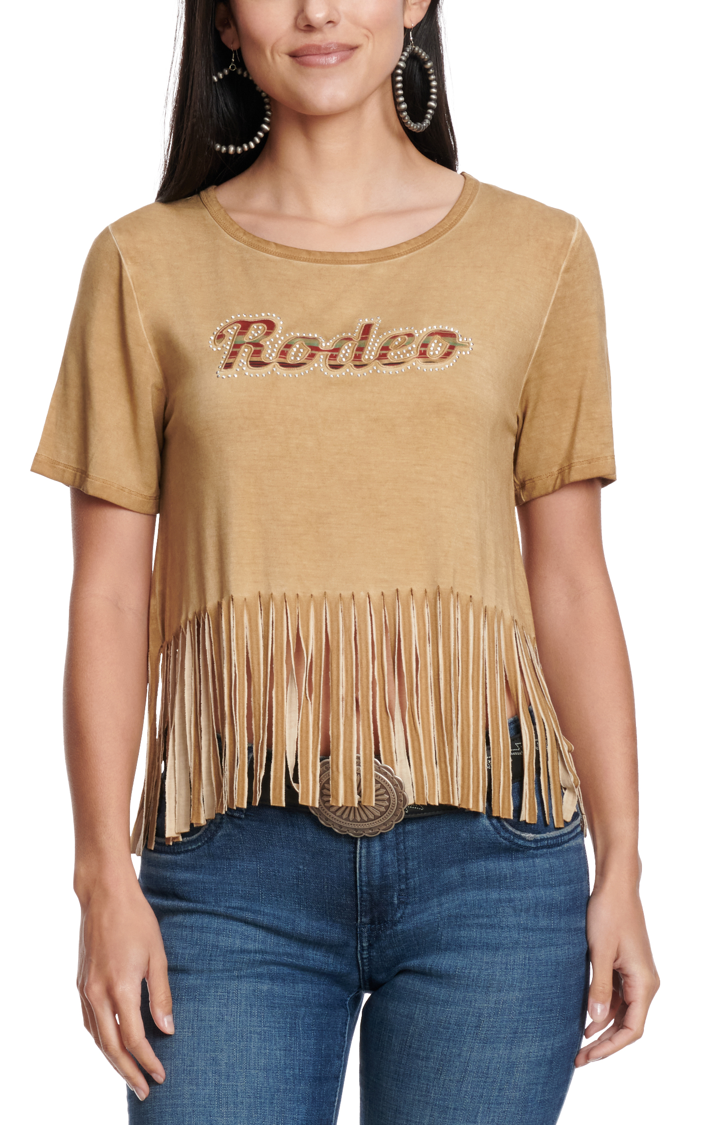 Cowgirl Hardware Women's Sassy Buckskin Brown Rodeo Fringed T-Shirt - Image 1