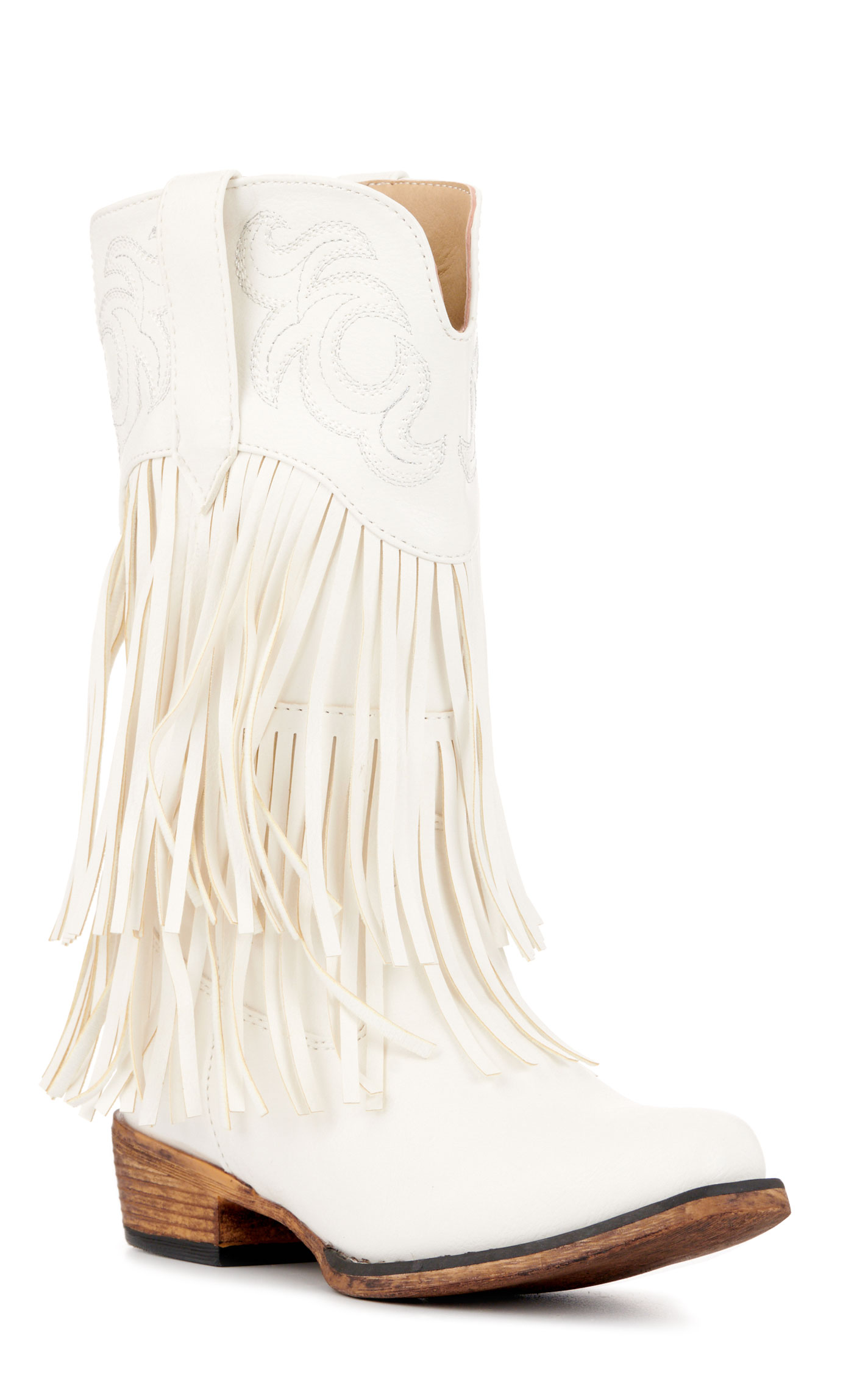 Roper Girls Rickrack White Faux Leather Fringe Snip Toe Cowboy Boots - Image 1
