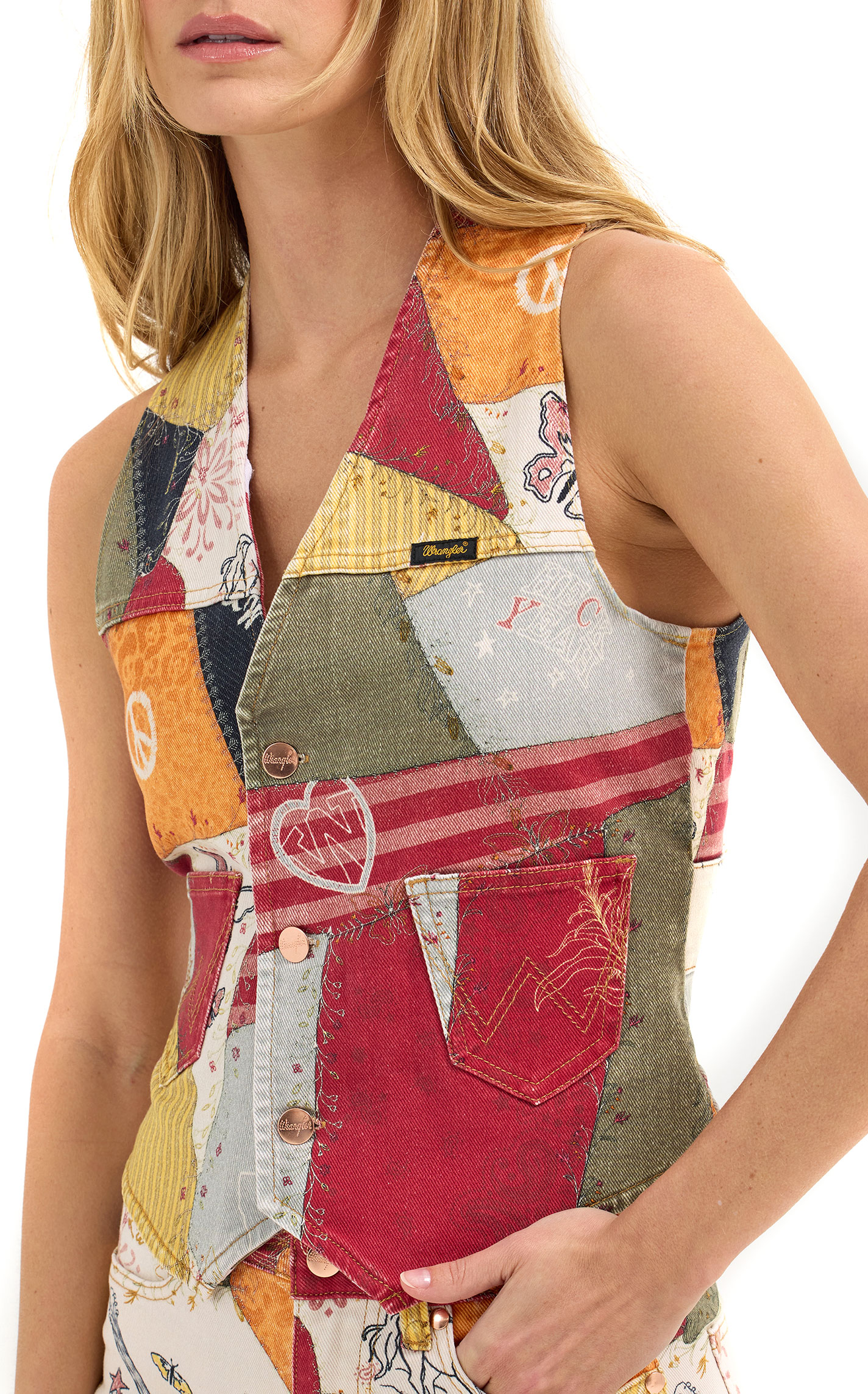 Wrangler & Lainey Wilson Women's Denim Sundown Patchwork Vest - Image 1