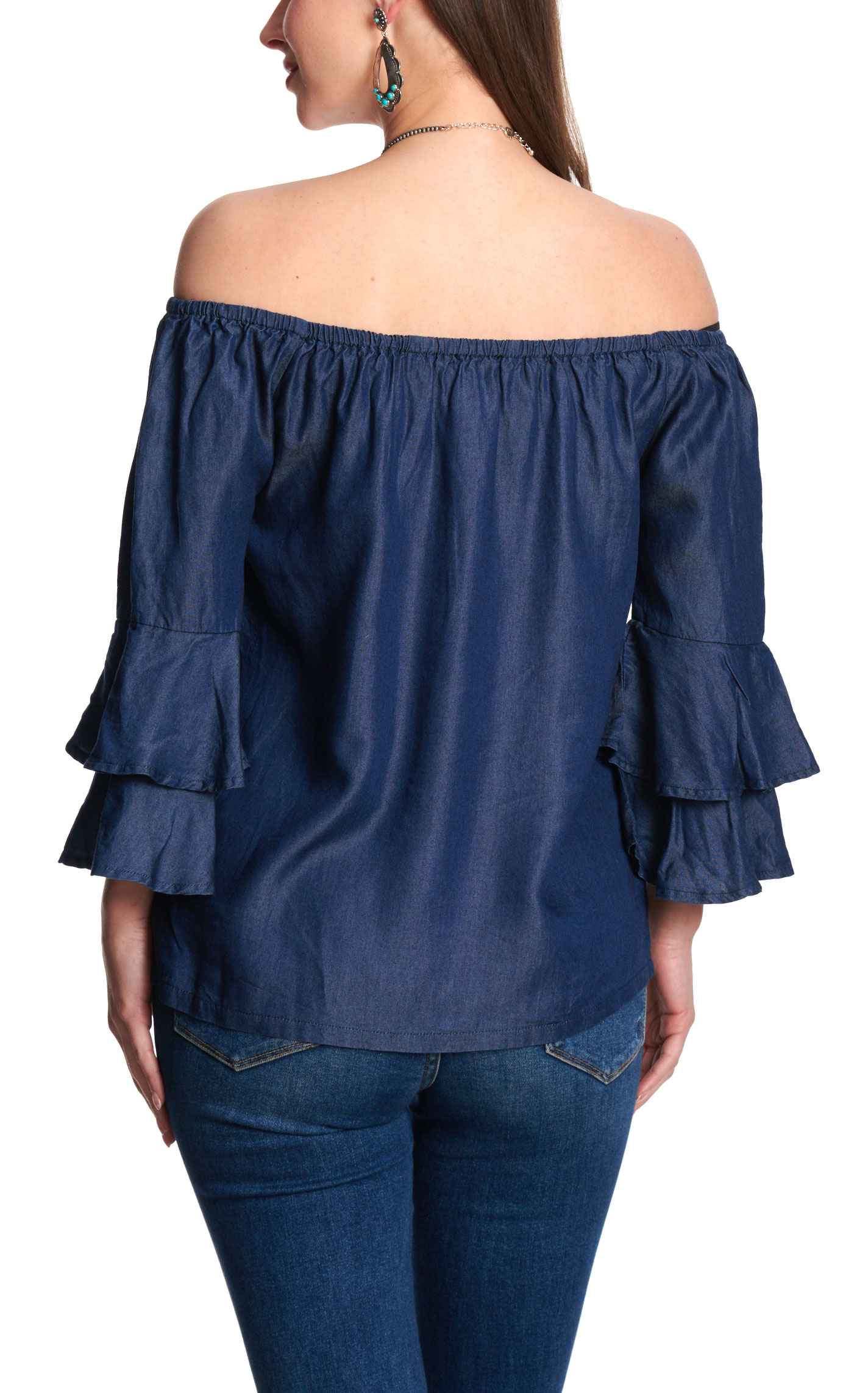 Cowgirl Hardware Women’s Blue Faux Denim Off Shoulder Top - Image 2
