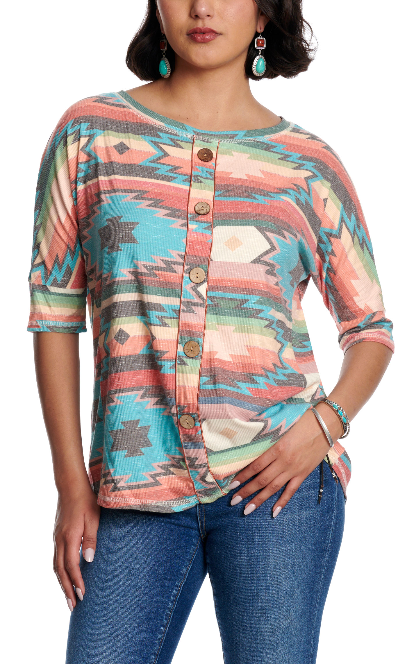 Fashion Express Women's Multicolor Aztec Print Button Front Top - Image 1