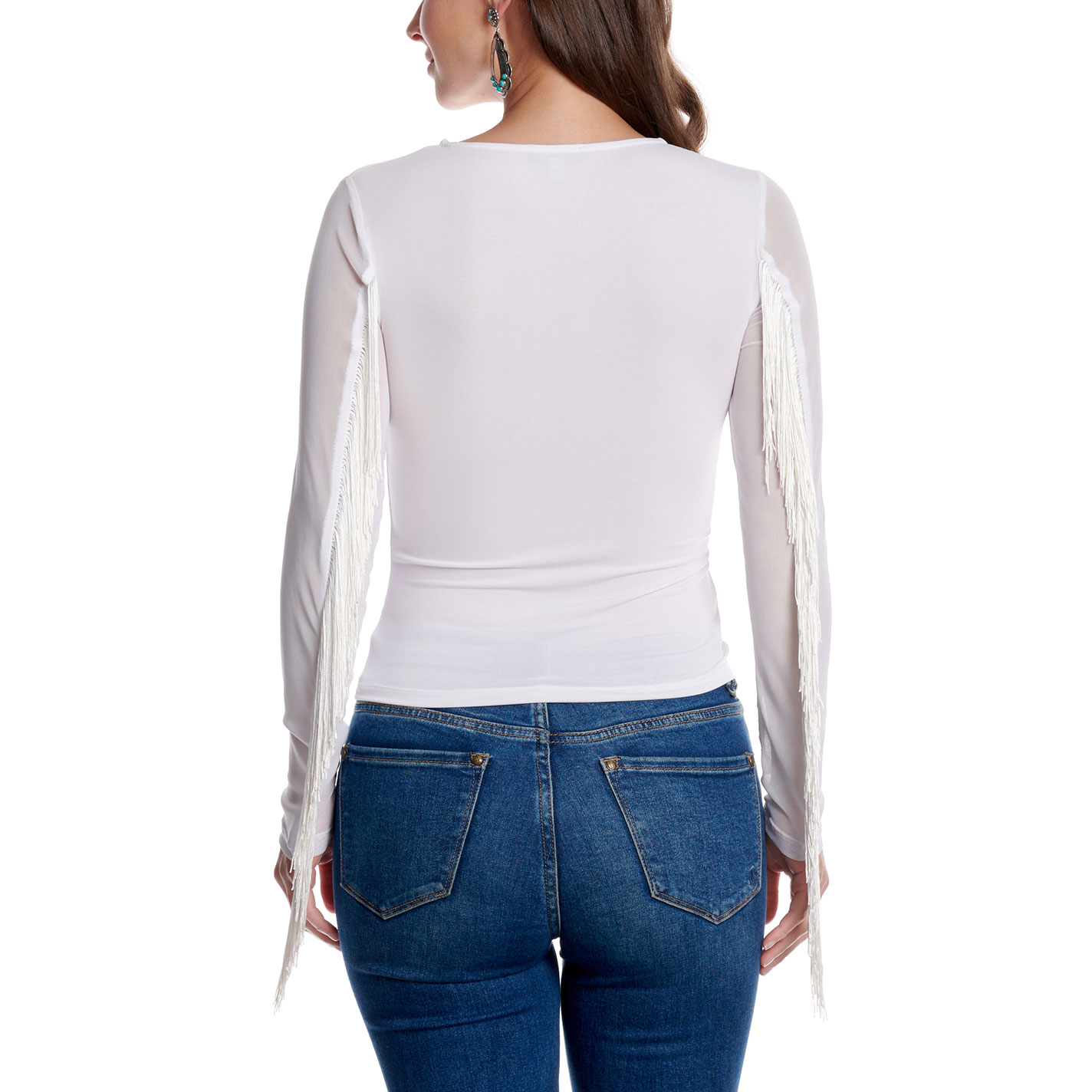 Cowgirl Hardware Women's White Mesh Yoke & Fringe Long Sleeve Top - Image 3