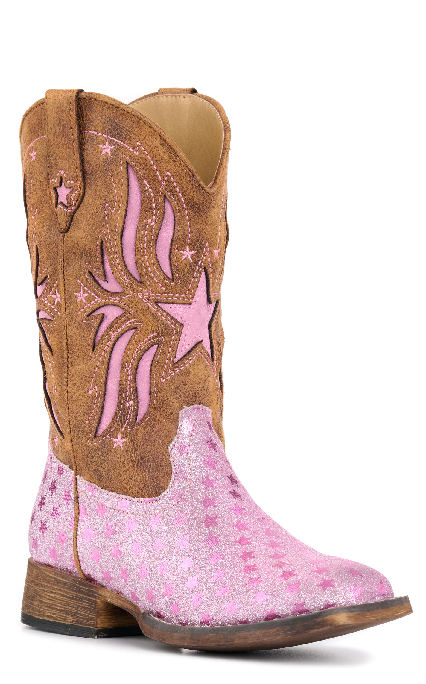 Roper Girls' Pink Glitter and Brown Starlet Leather Tall Square Toe Cowboy Boots - Image 1