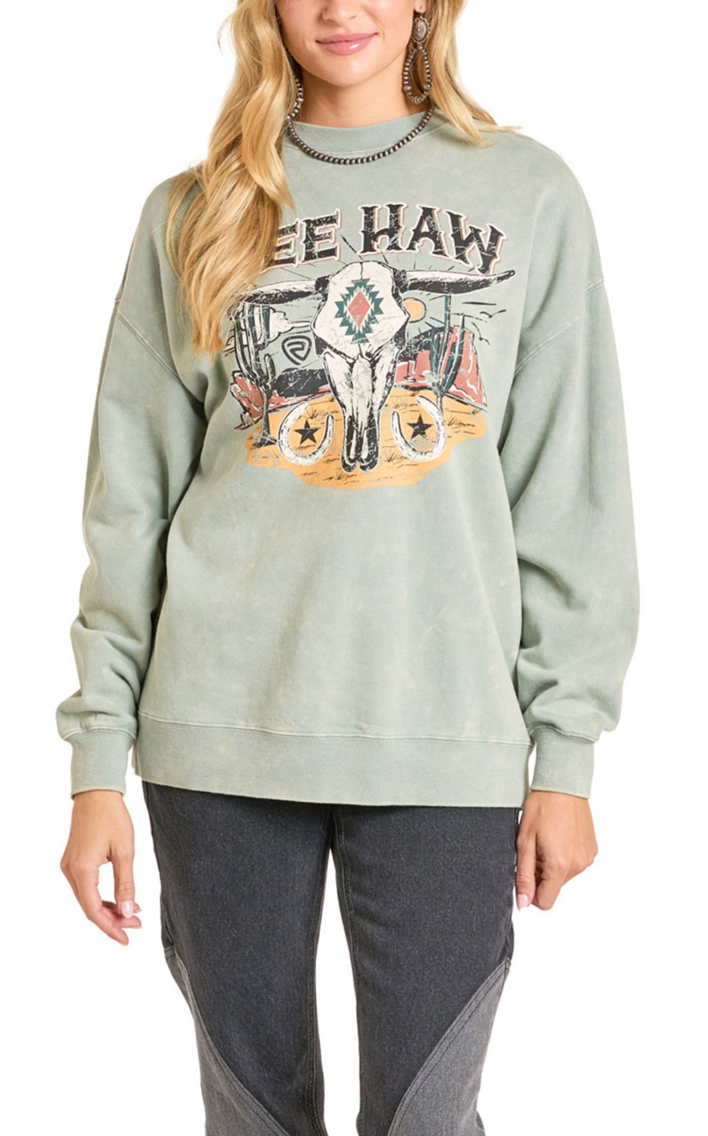 Rock & Roll Denim Women's Yee Haw Green Graphic Sweatshirt - Image 1