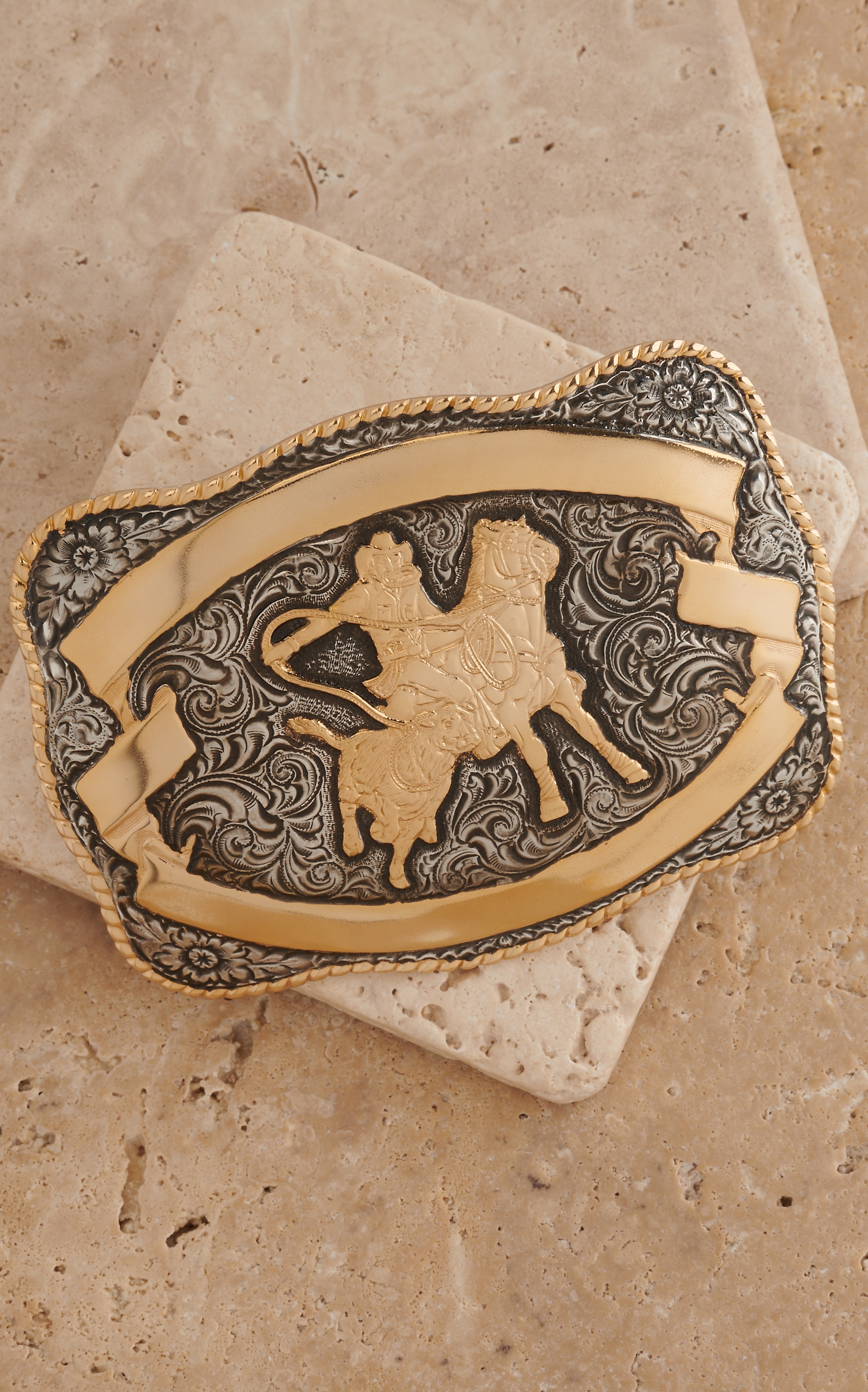 M & F Western Antique Silver with Gold Calf Roper Rectangle Belt Buckle - Image 1