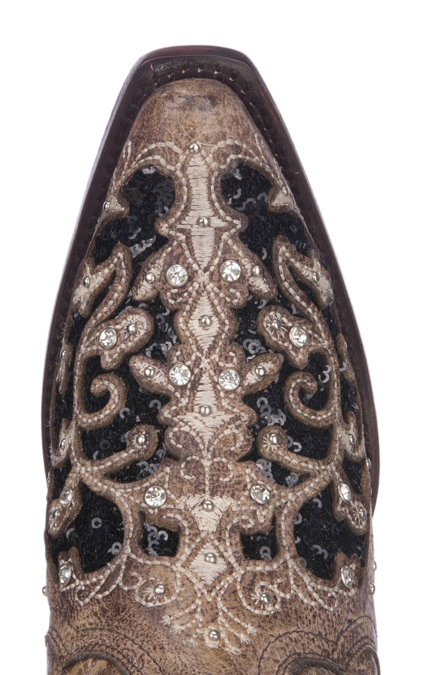 Corral Women's Brown & Black Sequin Inlay with Embroidery & Studs Cowboy Snip Toe Boots - Image 1