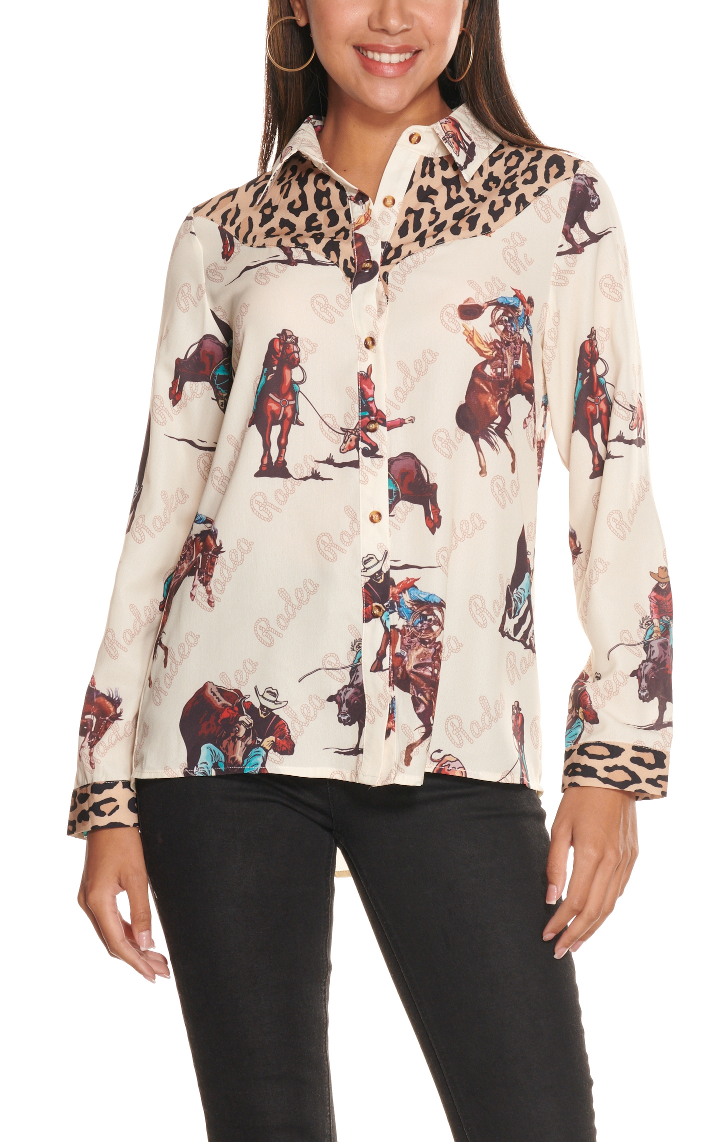 Fashion Express Women's Beige Rodeo Print with Leopard Yokes Long Sleeve Top - Image 1